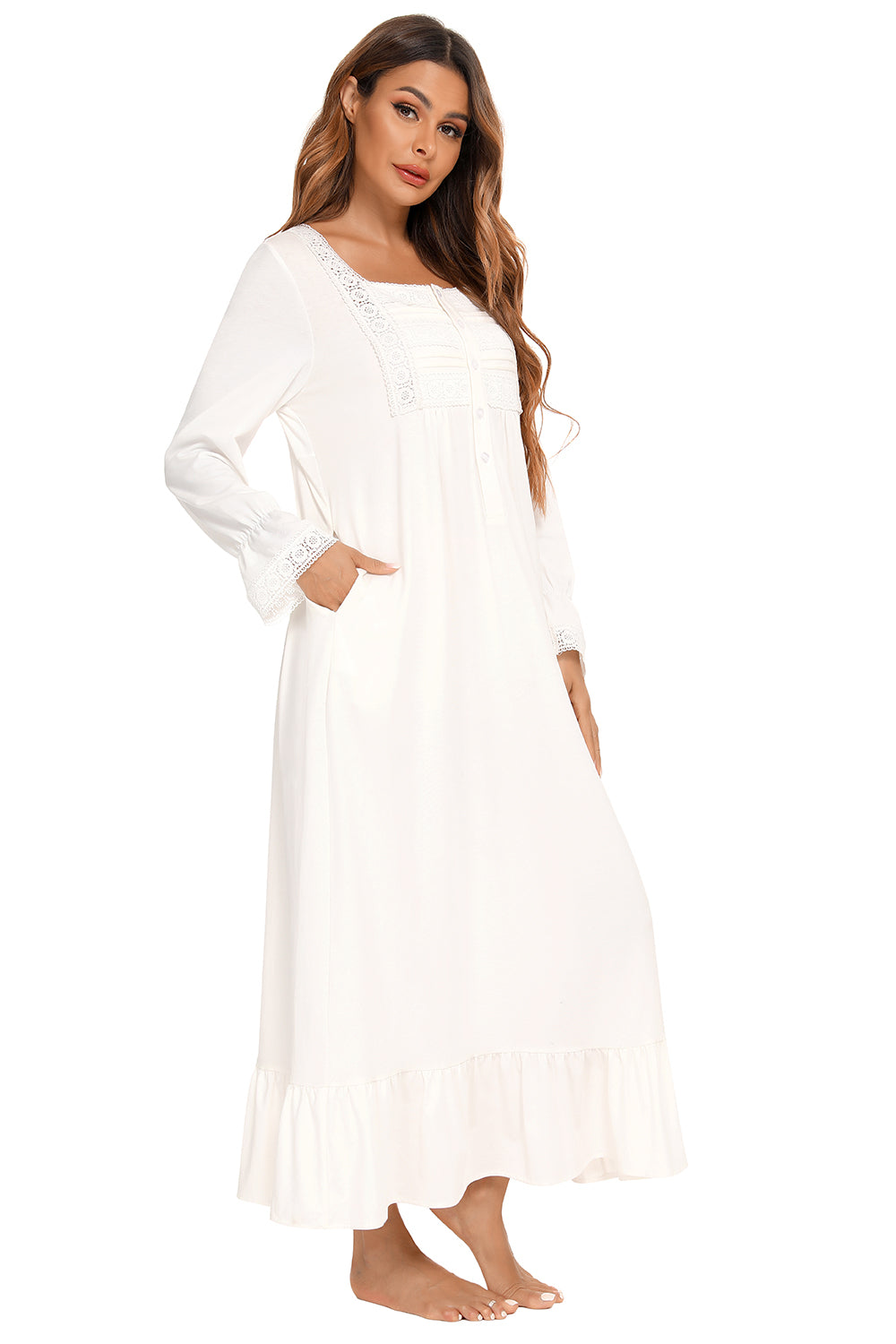 Women's Night Dress – Lace Square Neck Flounce Sleeve