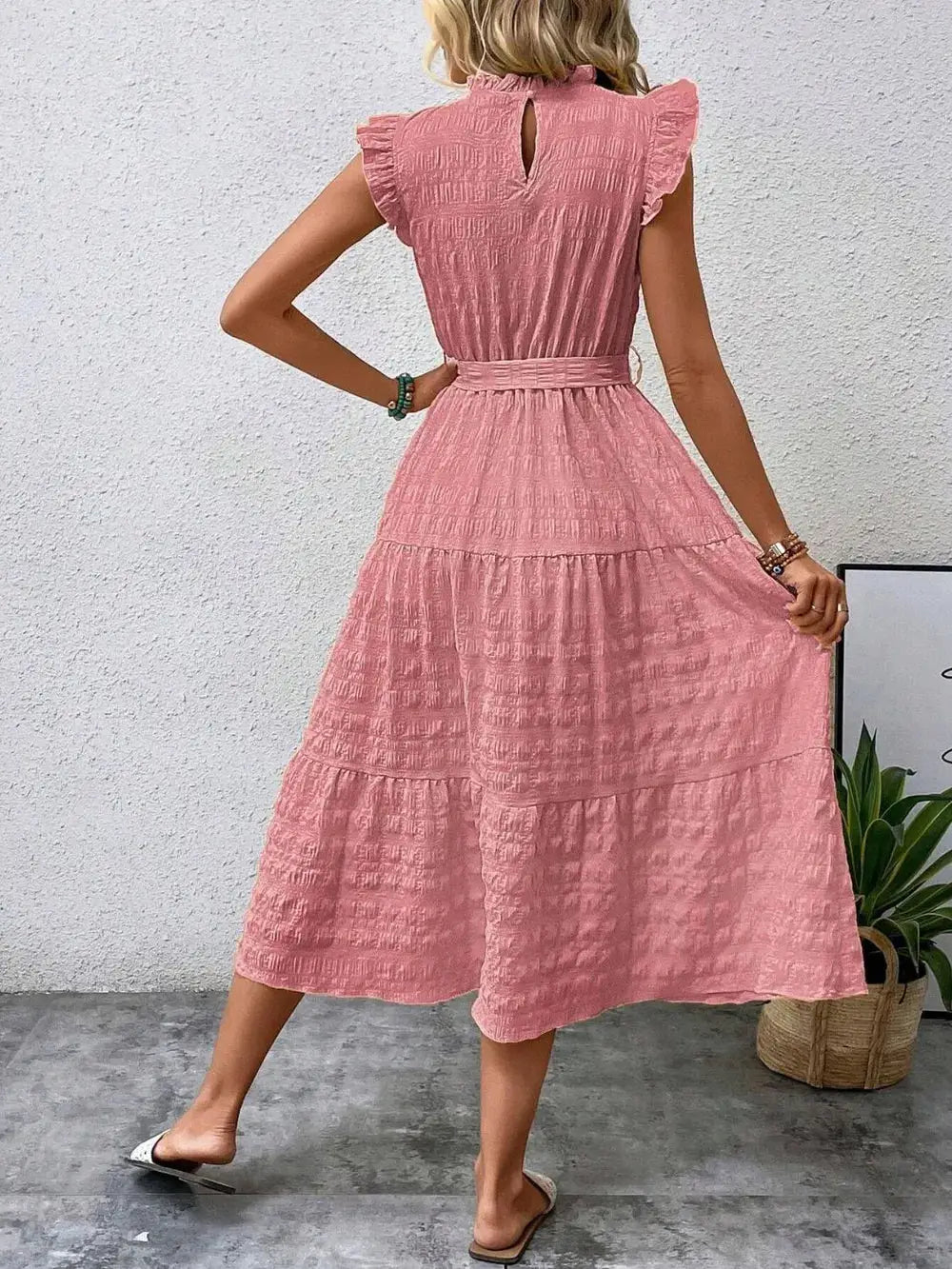 Tied Ruffled Cap Sleeve Midi Dress Trendsi