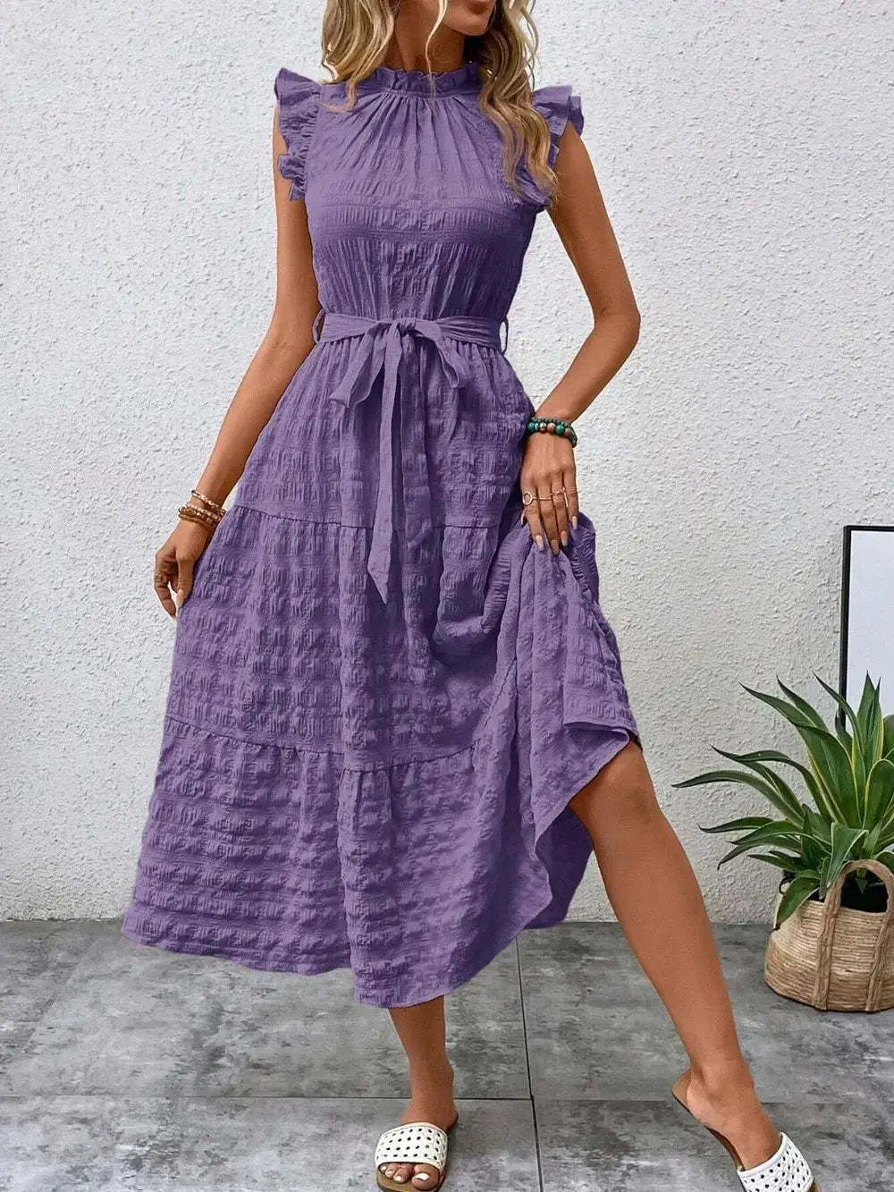 Tied Ruffled Cap Sleeve Midi Dress Trendsi