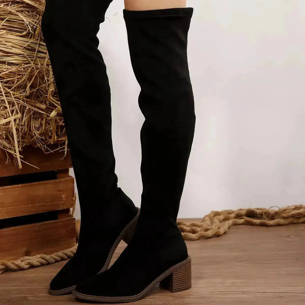 PU Leather Point Toe Block Heels Boots by Parfymia