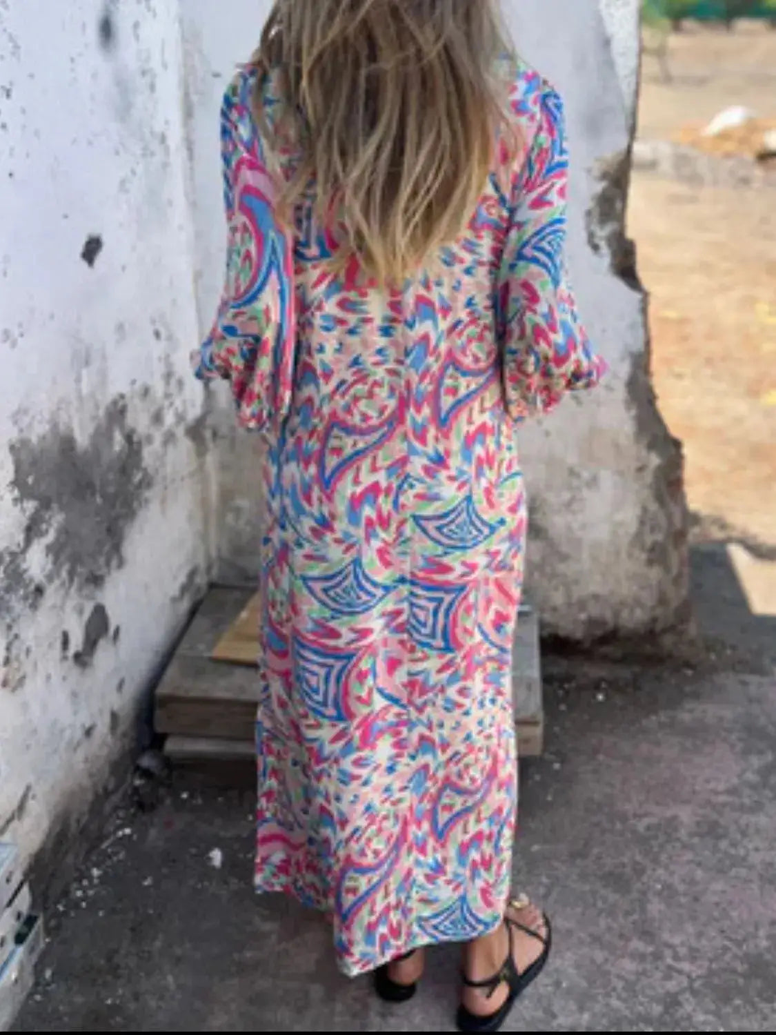 Full Size Printed V-Neck Dress with Pockets Plus Size Trendsi
