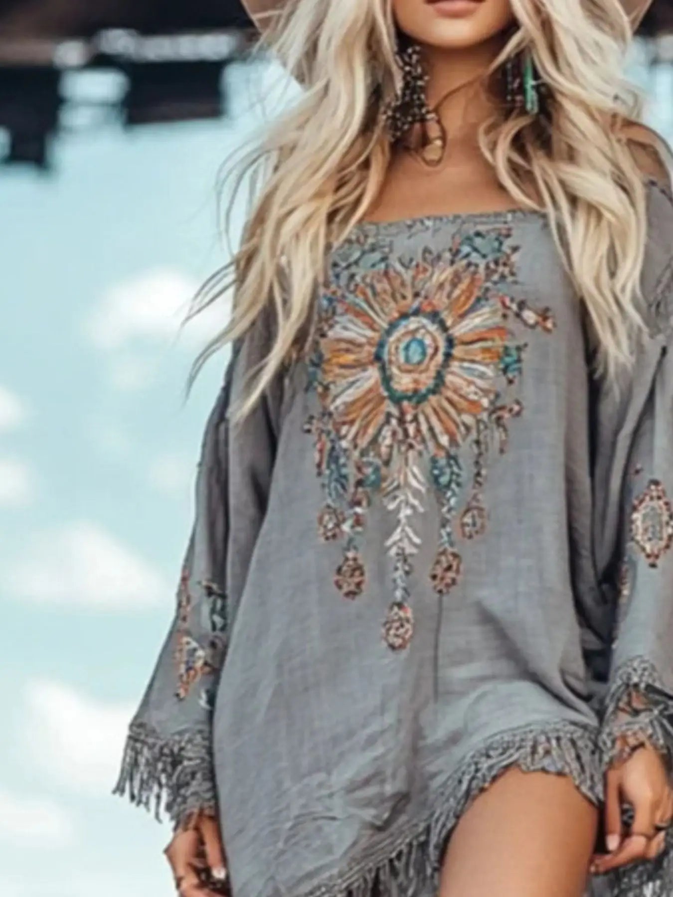 Fringe Hem Long Sleeve Mini Dress Trendsi