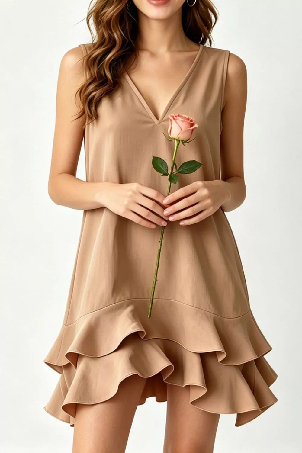 Women's Mini Dress – Ruffle Hem V-Neck