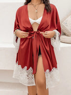 Women's Plus Size Lace Patchwork Tie Front Robe