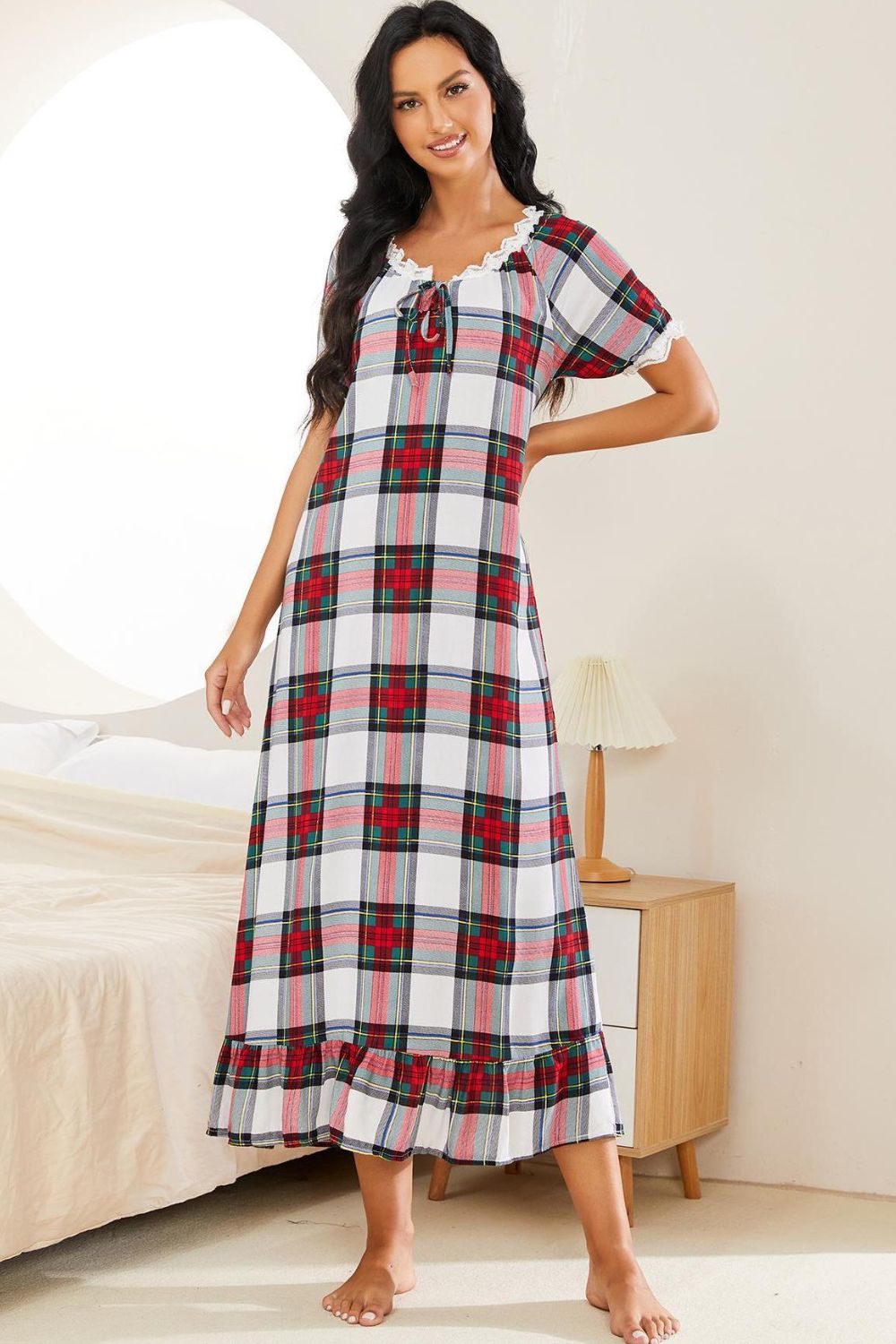 Women's Plaid Night Dress with Lace Trim