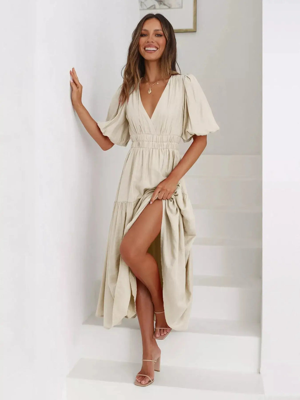 Tiered Puff Sleeve Midi Dress Trendsi