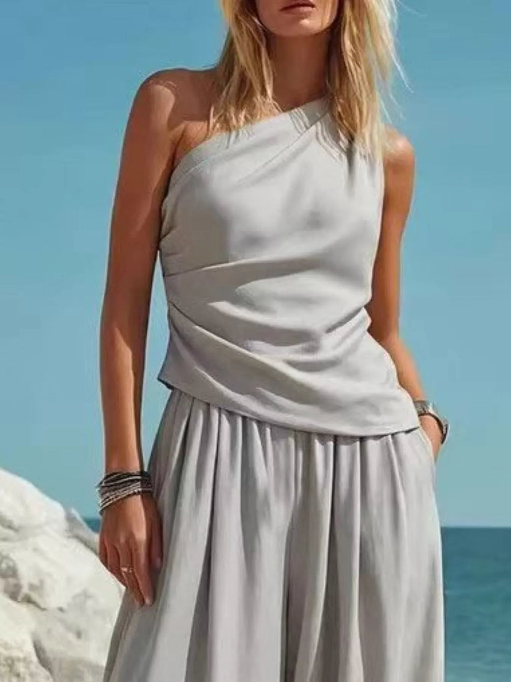 Women's Pants Set – One-Shoulder Top & Wide Leg
