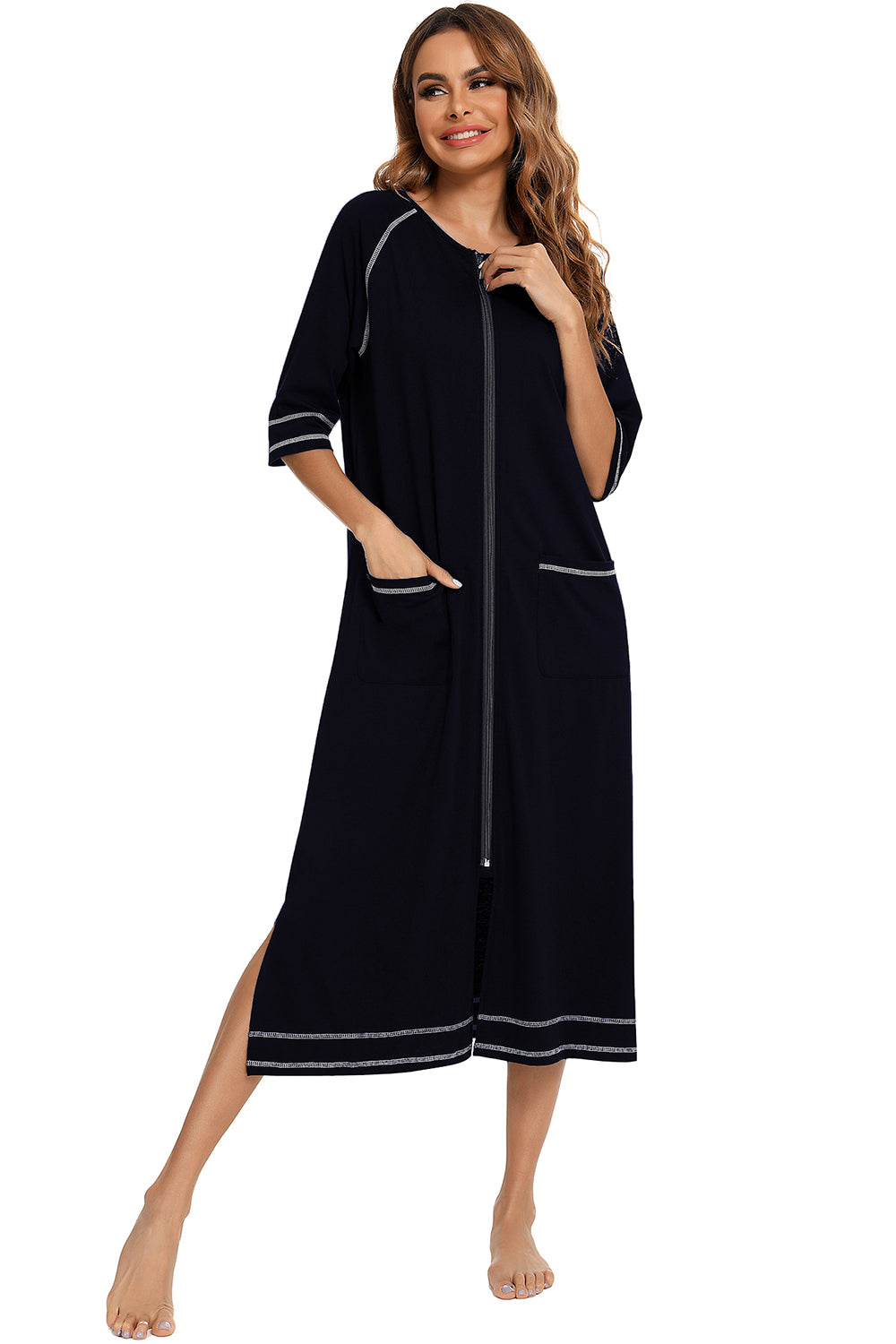Women's Night Dress with Zip Front & Pockets