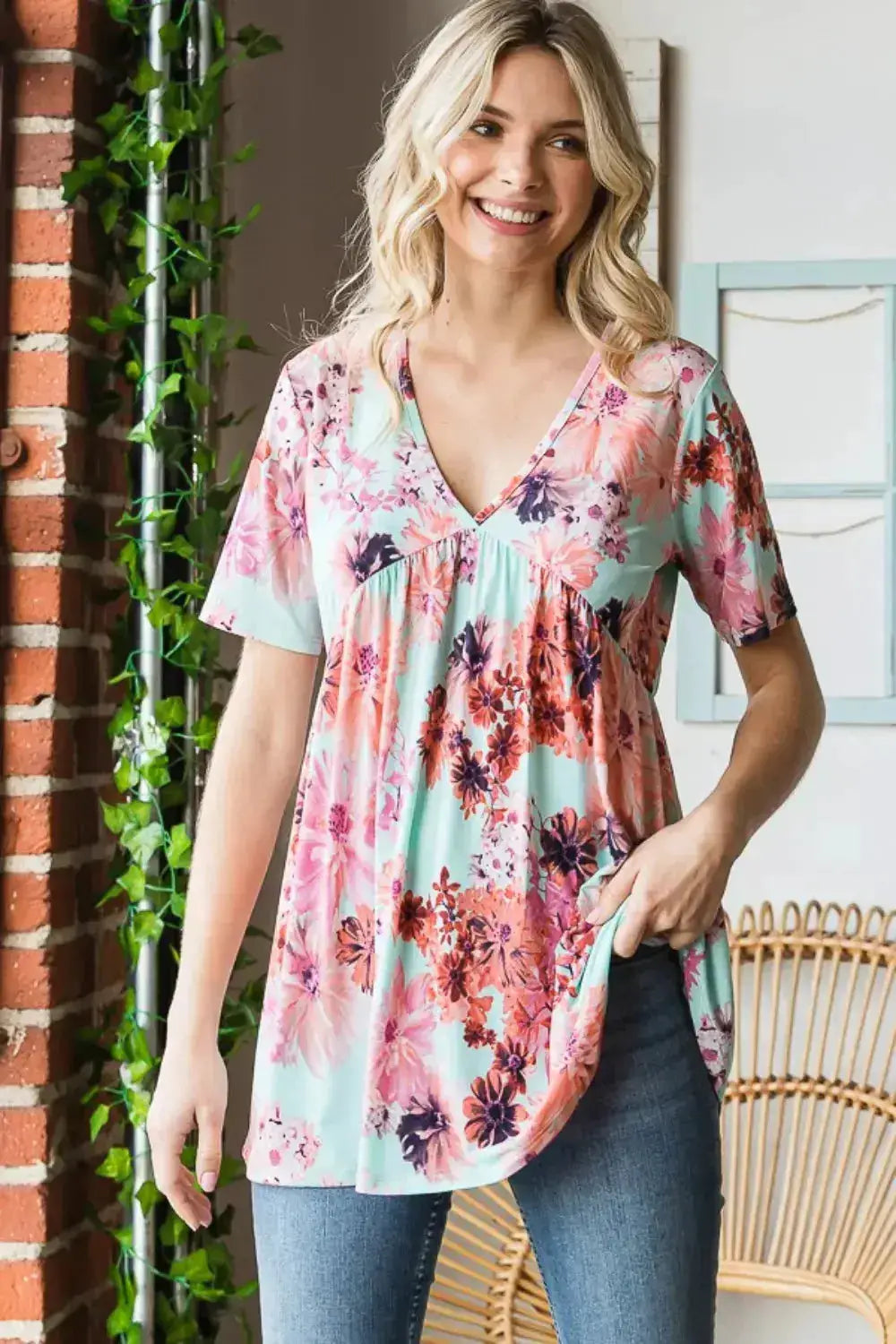 Floral V-Neck Babydoll Blouse by Heimish by Parfymia