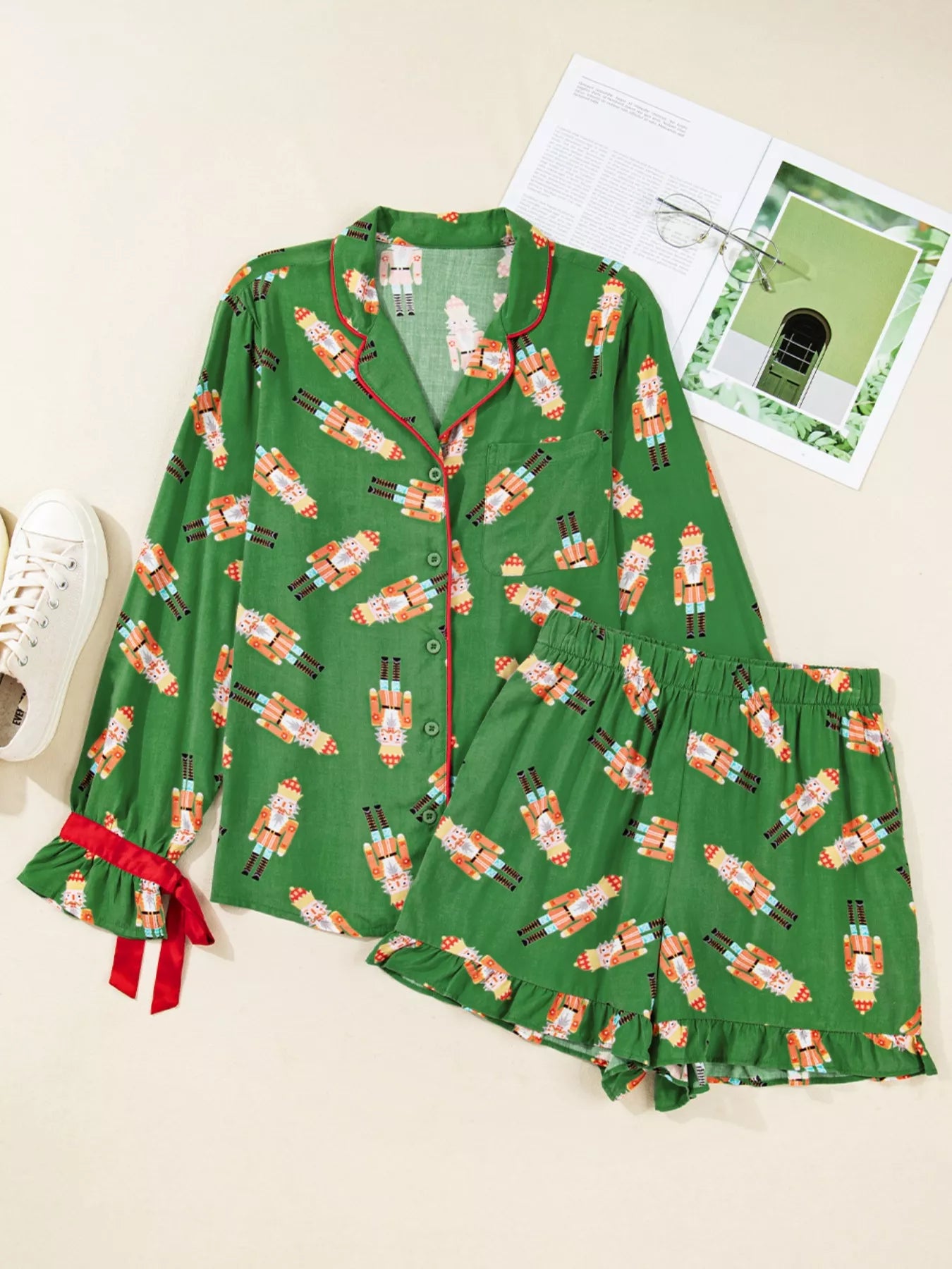 Women's Loungewear Nutcracker Button Top and Shorts Set