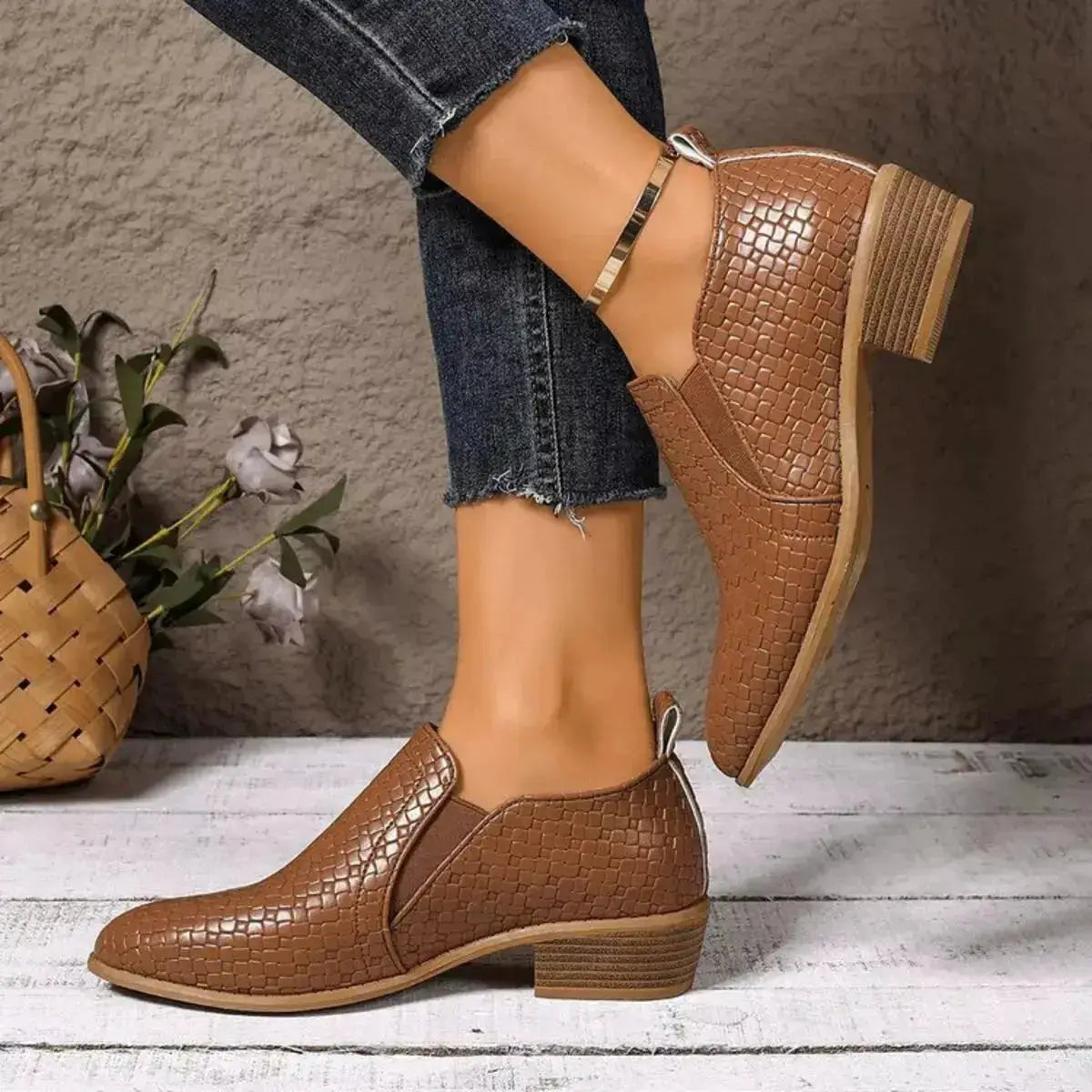 PU Leather Point Toe Block Heels Ankle Boots by Parfymia