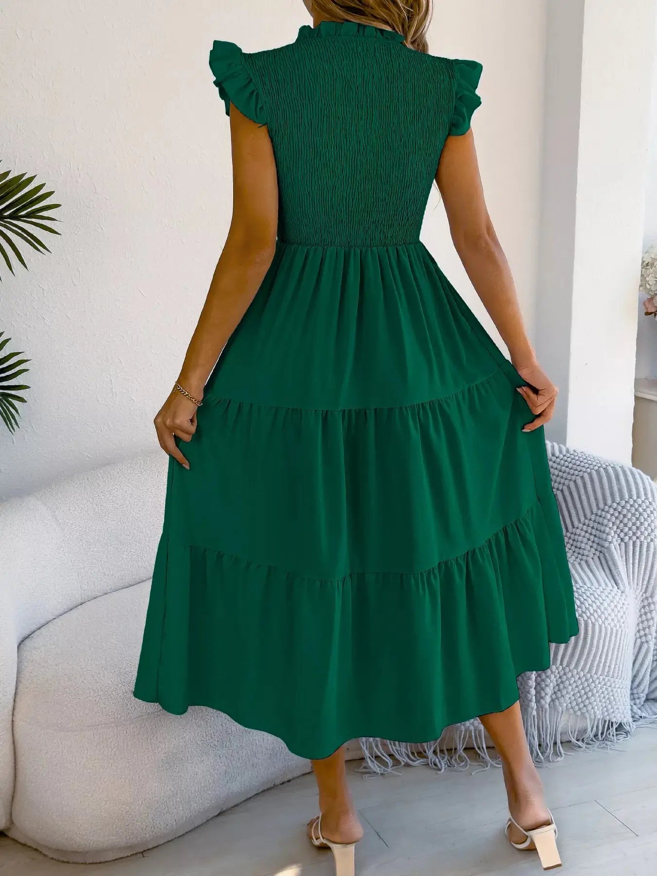Smocked Ruffled Cap Sleeve Dress Trendsi