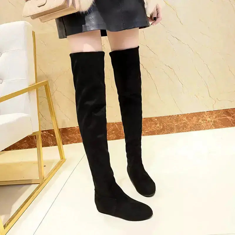 Suede Round Toe Block Heel Boots by Parfymia