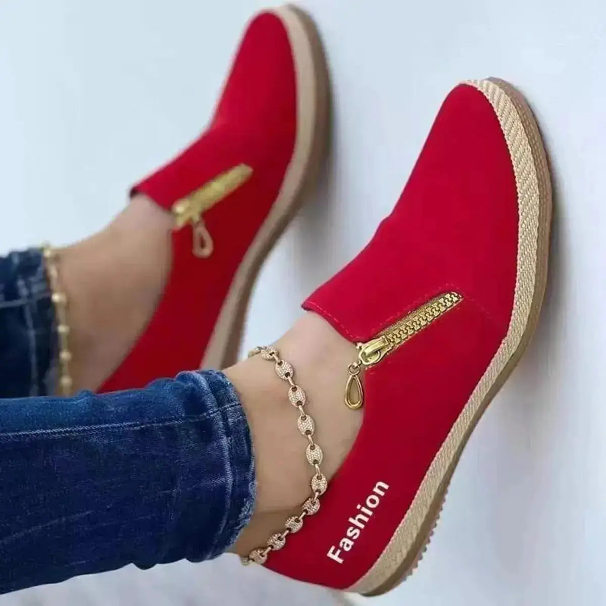 PU Leather Round Toe Slip-On Loafers with Zip Detail by Parfymia