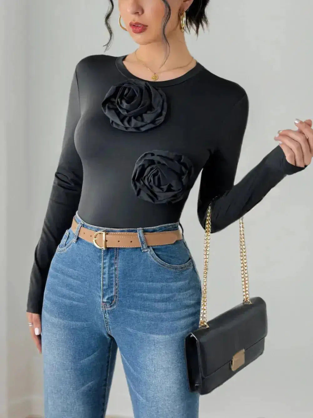 Perfee Flower Round Neck Long Sleeve Bodysuit by Parfymia