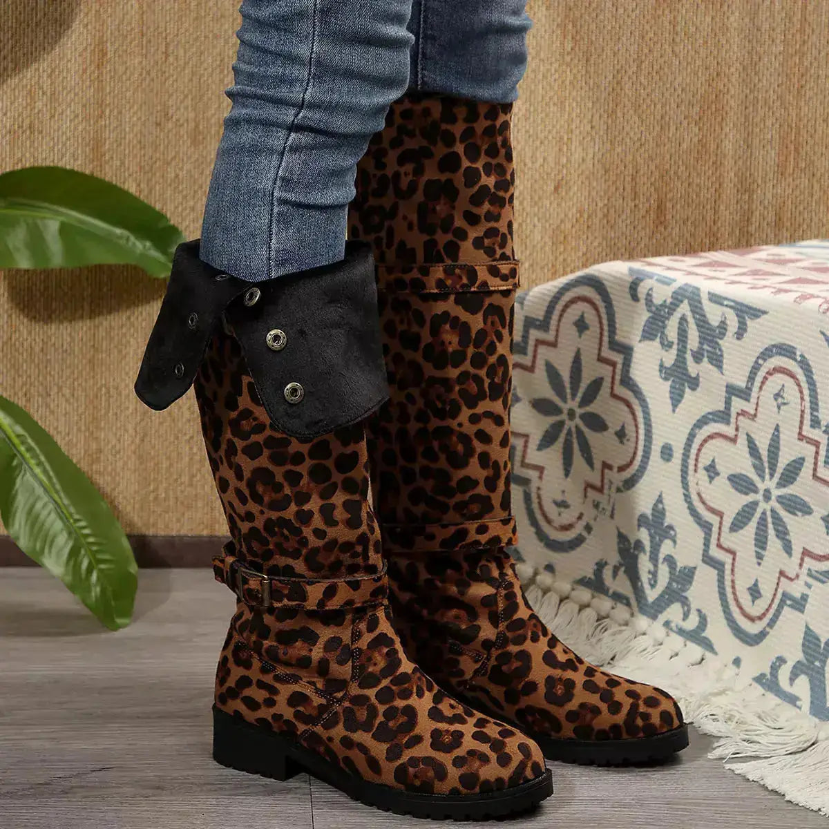 Leopard Block Heels Boots for Women in PU Leather by Parfymia
