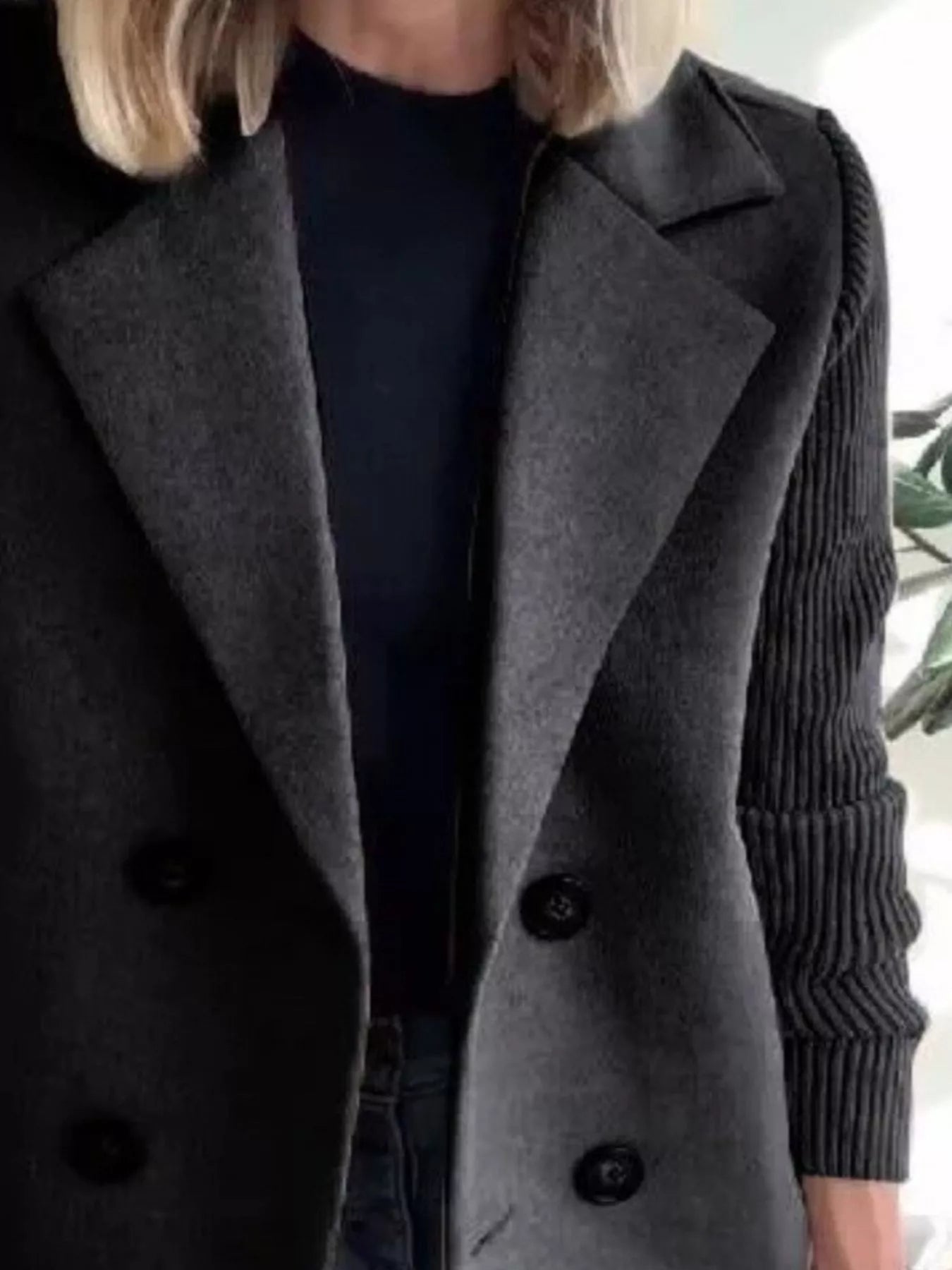 Women's Double-Breasted Jacket with Knit Sleeves