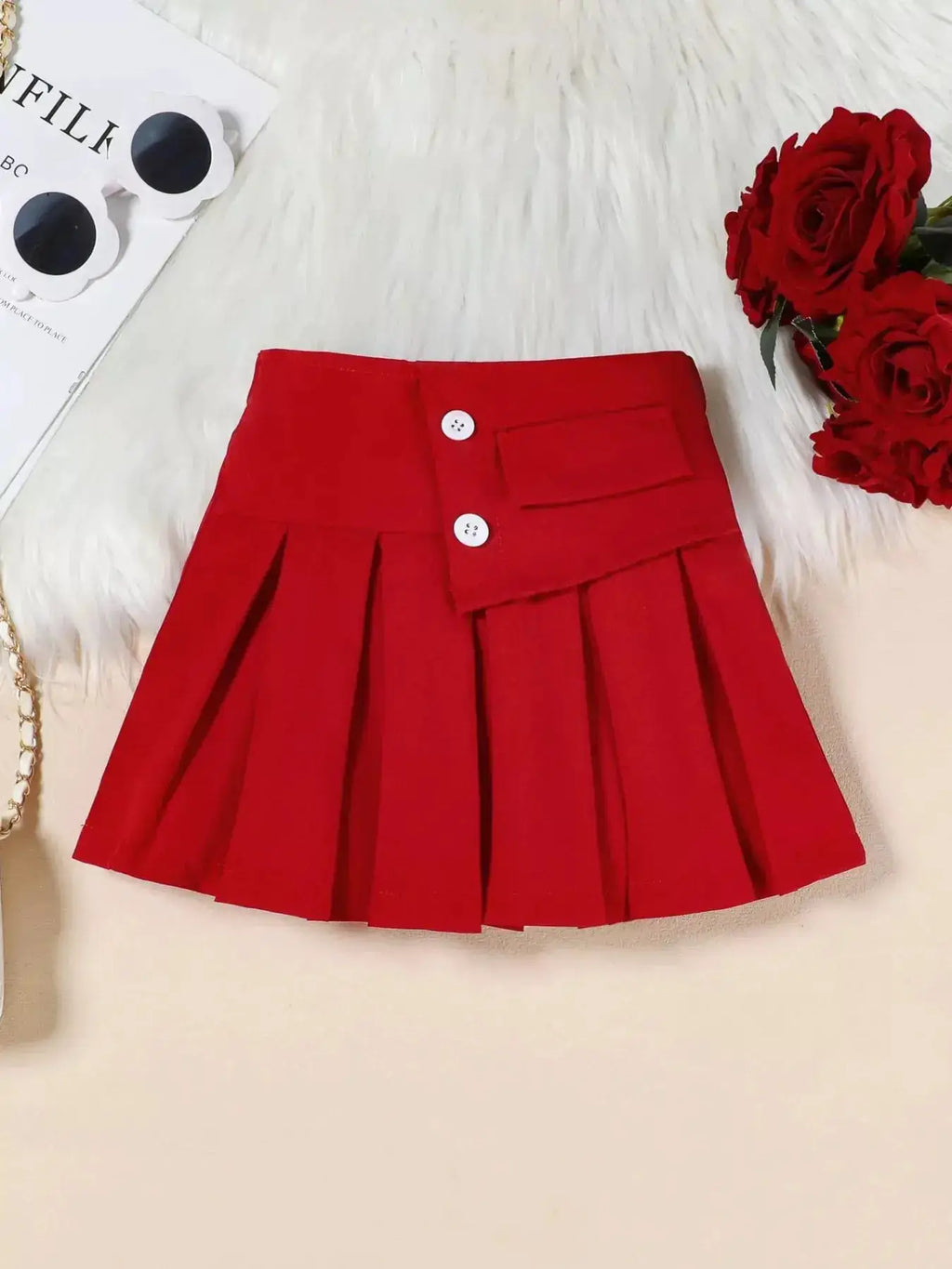 Girls Pink Floral Vest And Pleated Skirt Set With Rose Embellishments — Parfymia