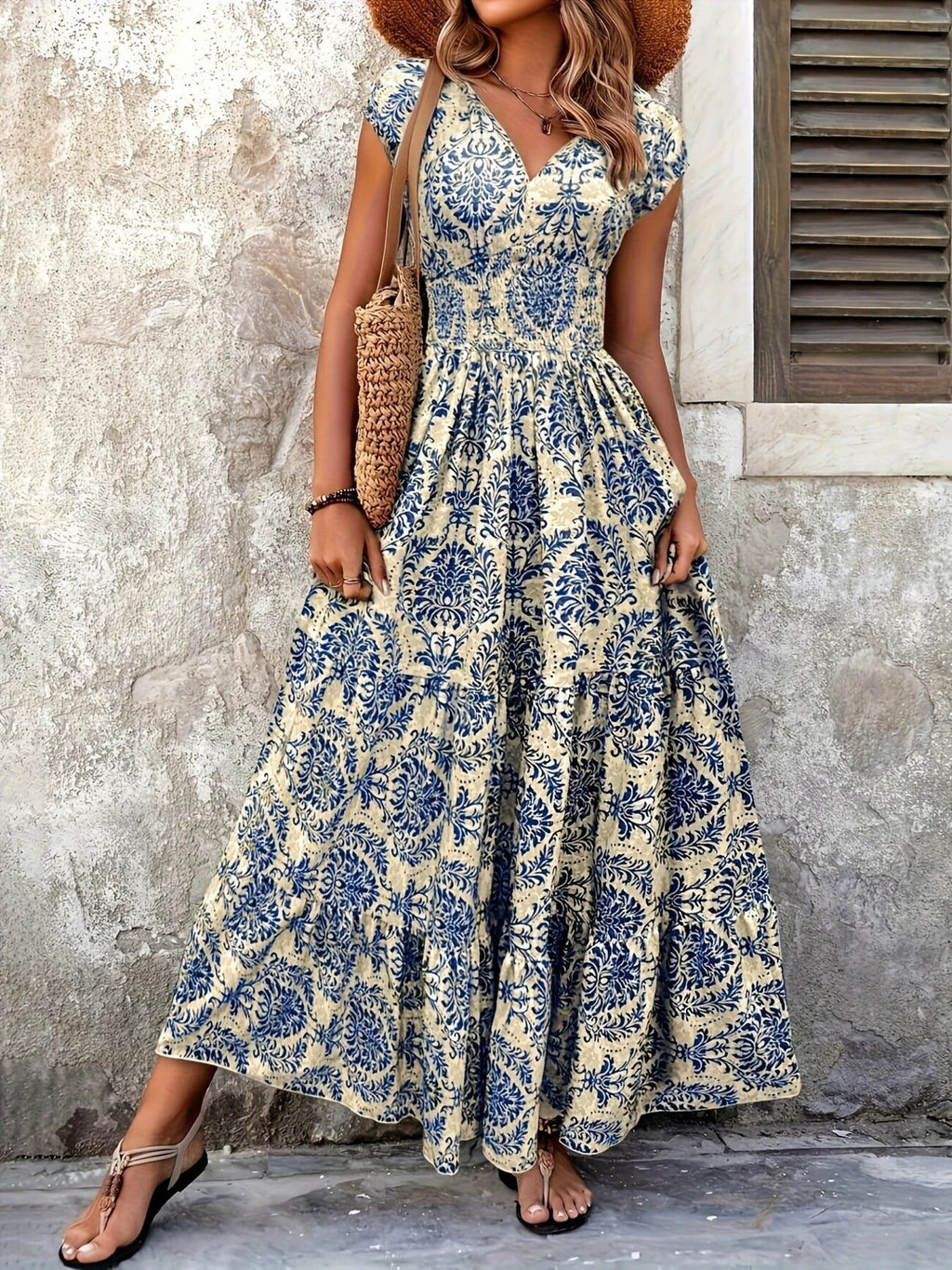 Printed Cap Sleeve Maxi Dress Trendsi