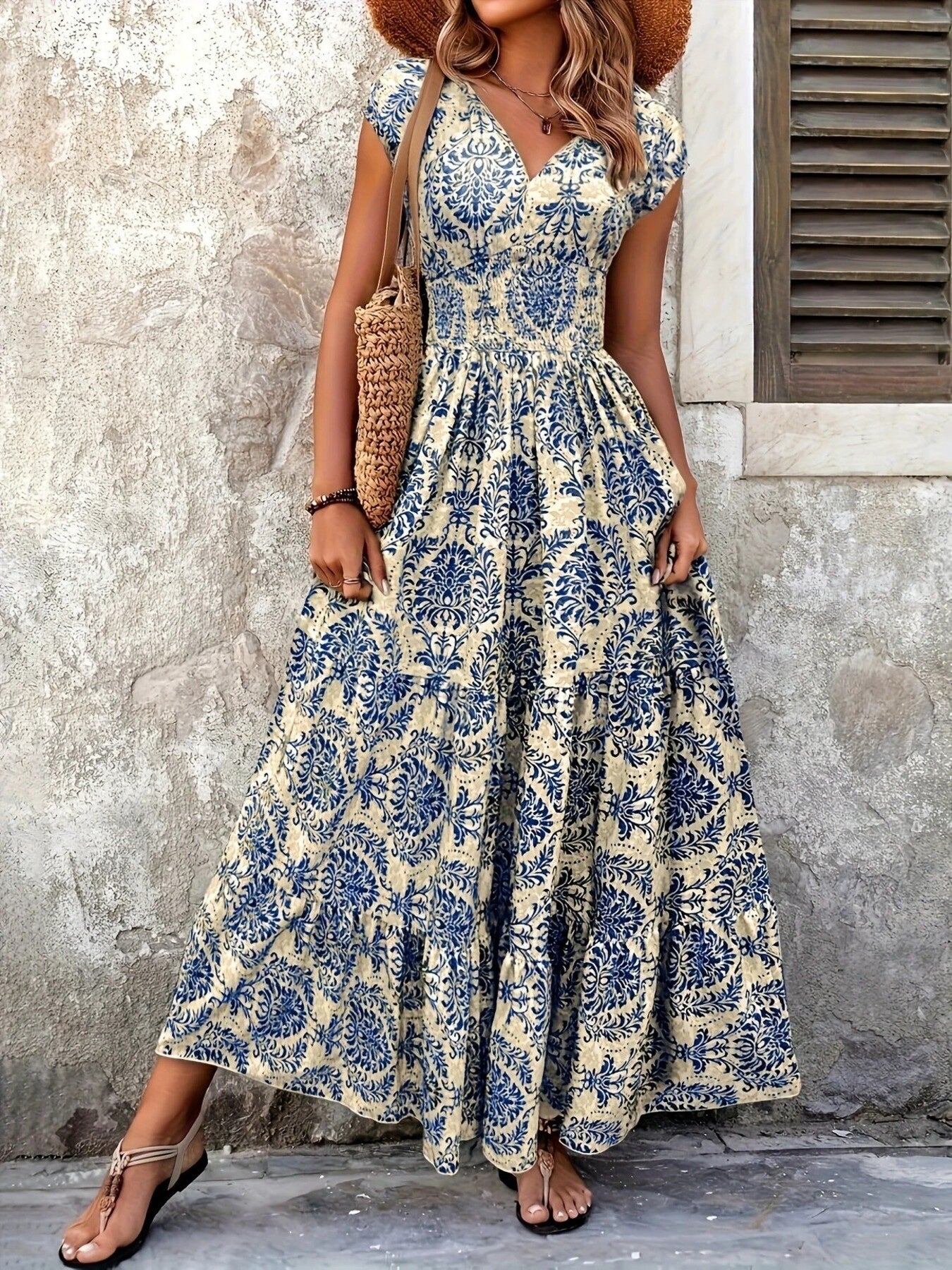 Printed Cap Sleeve Maxi Dress Trendsi