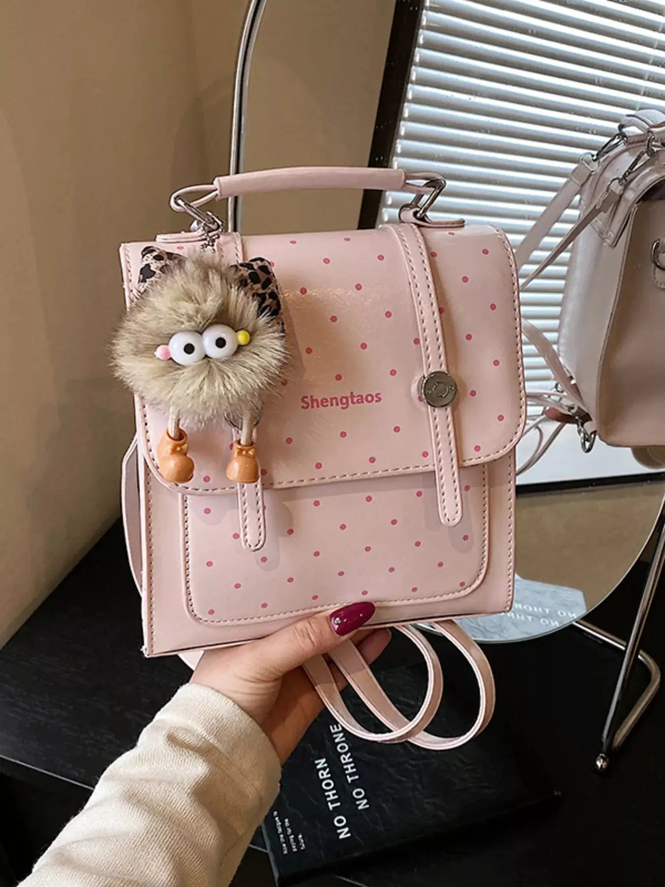 Pink Polka Dot Mini PU Leather Backpack Bag With Fur Charm — Parfymia