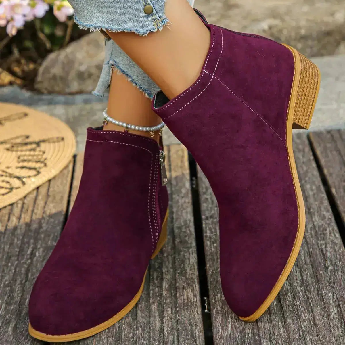 Pointed Toe Block Heel Boots in Suede by Parfymia