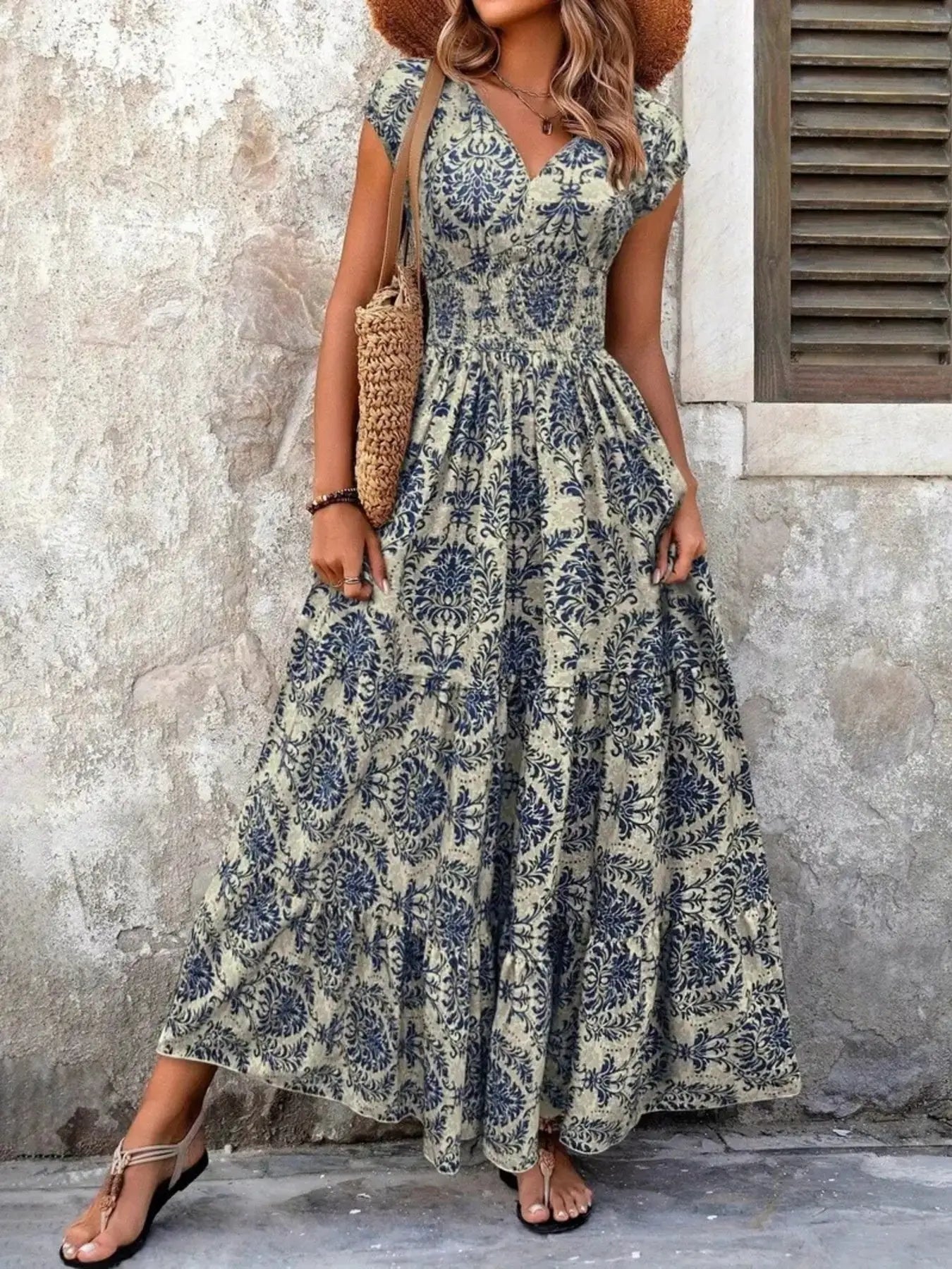 Printed Cap Sleeve Maxi Dress Trendsi