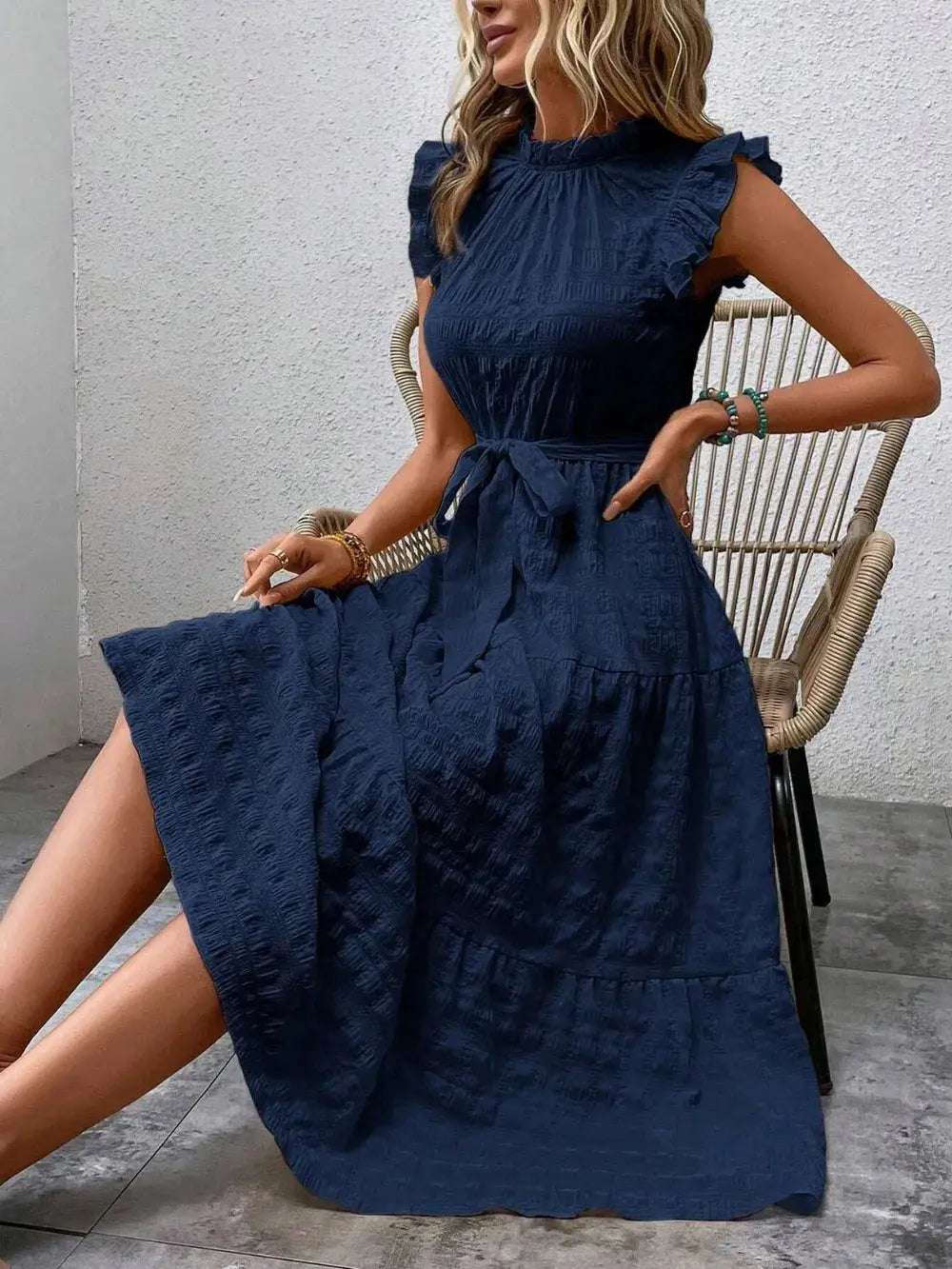 Tied Ruffled Cap Sleeve Midi Dress Trendsi