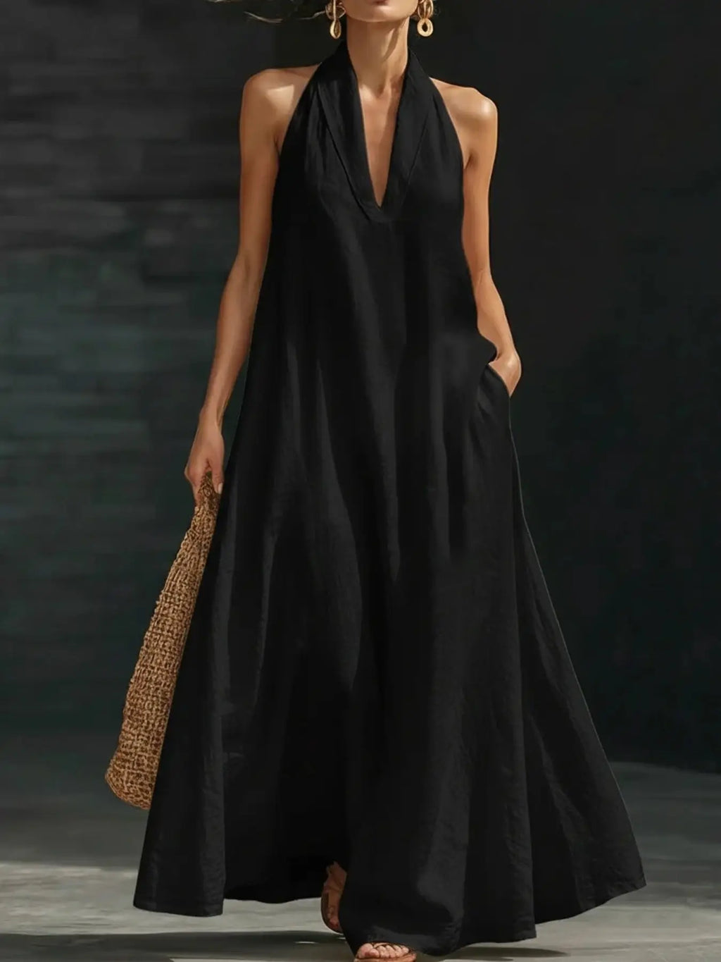 Halter Neck Maxi Dress with Pockets Trendsi