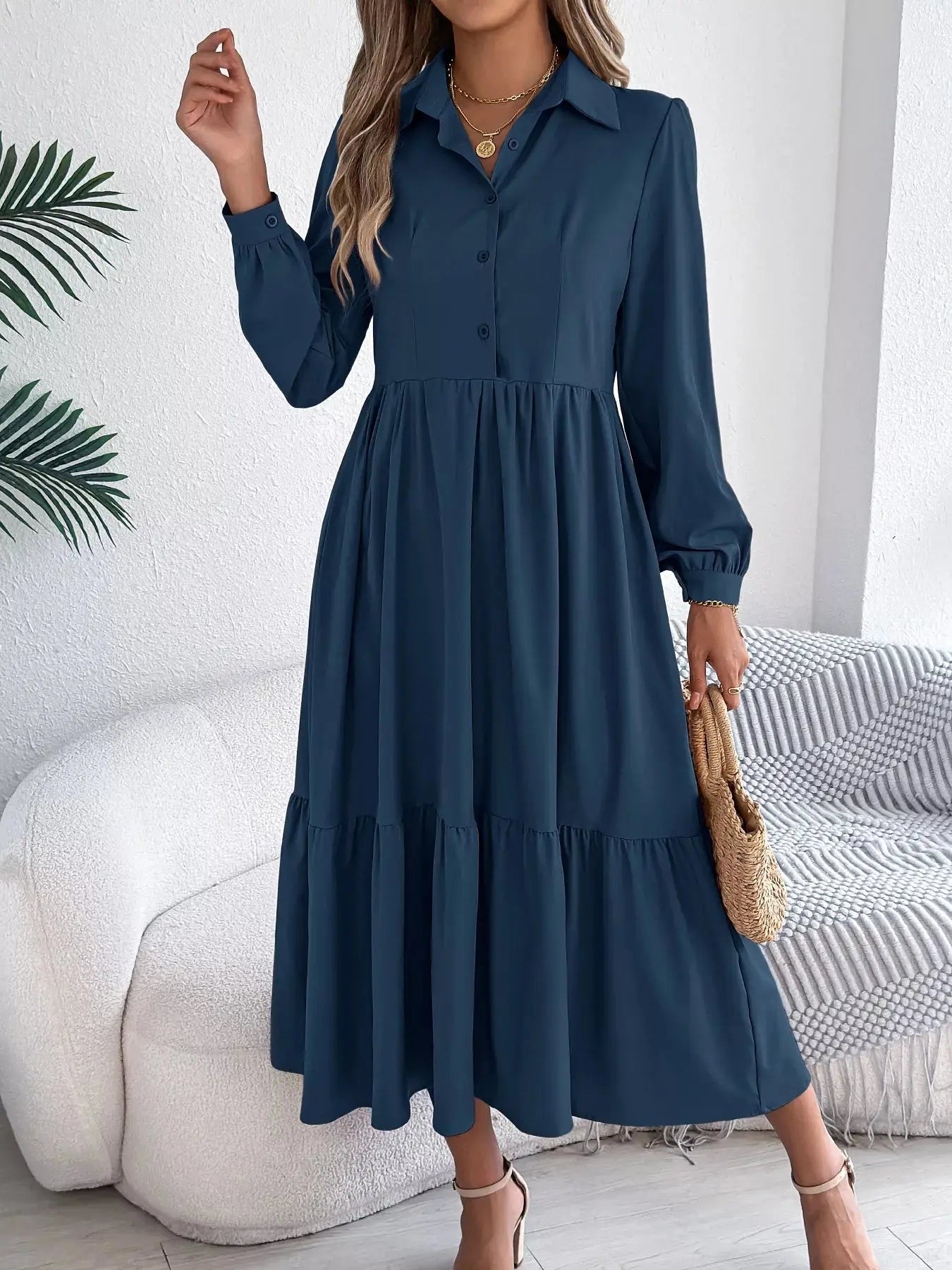 Long Sleeve Tiered Button Front Midi Dress Trendsi
