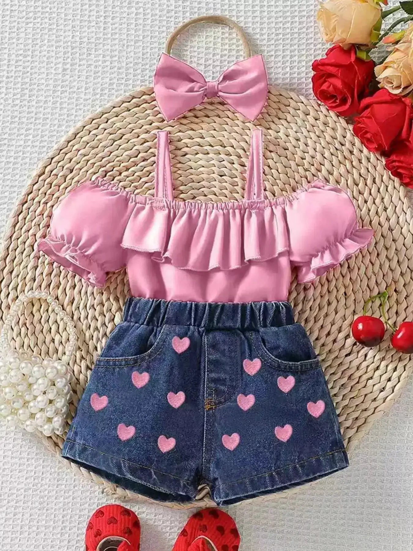 Children's Ruffled Top & Heart Embroidered Denim Shorts Set by Trendsi