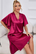 Women's Satin V-Neck Night Dress with Flutter Sleeves