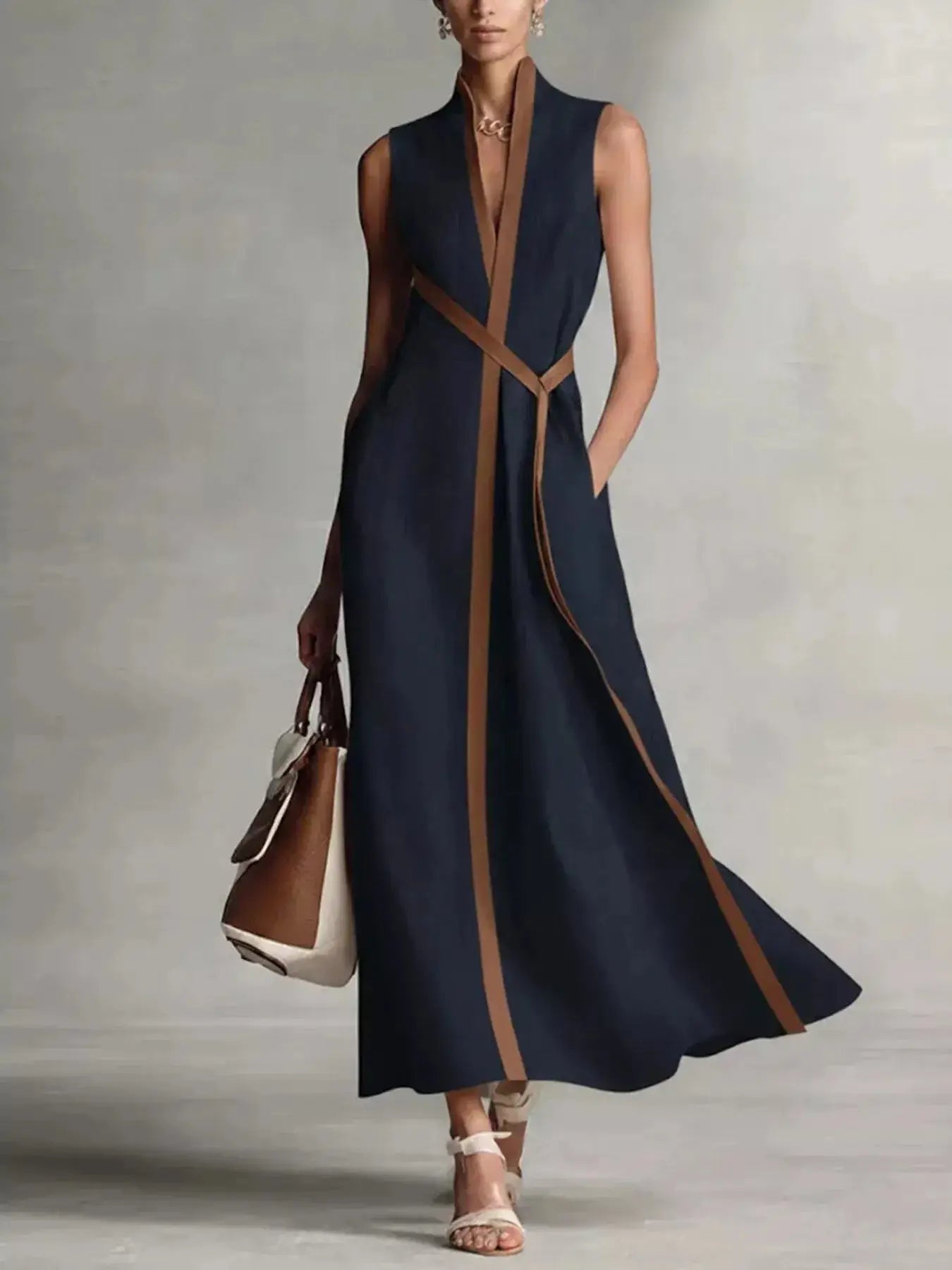 Full Size Contrast Trim Sleeveless Maxi Dress Plus Size Trendsi
