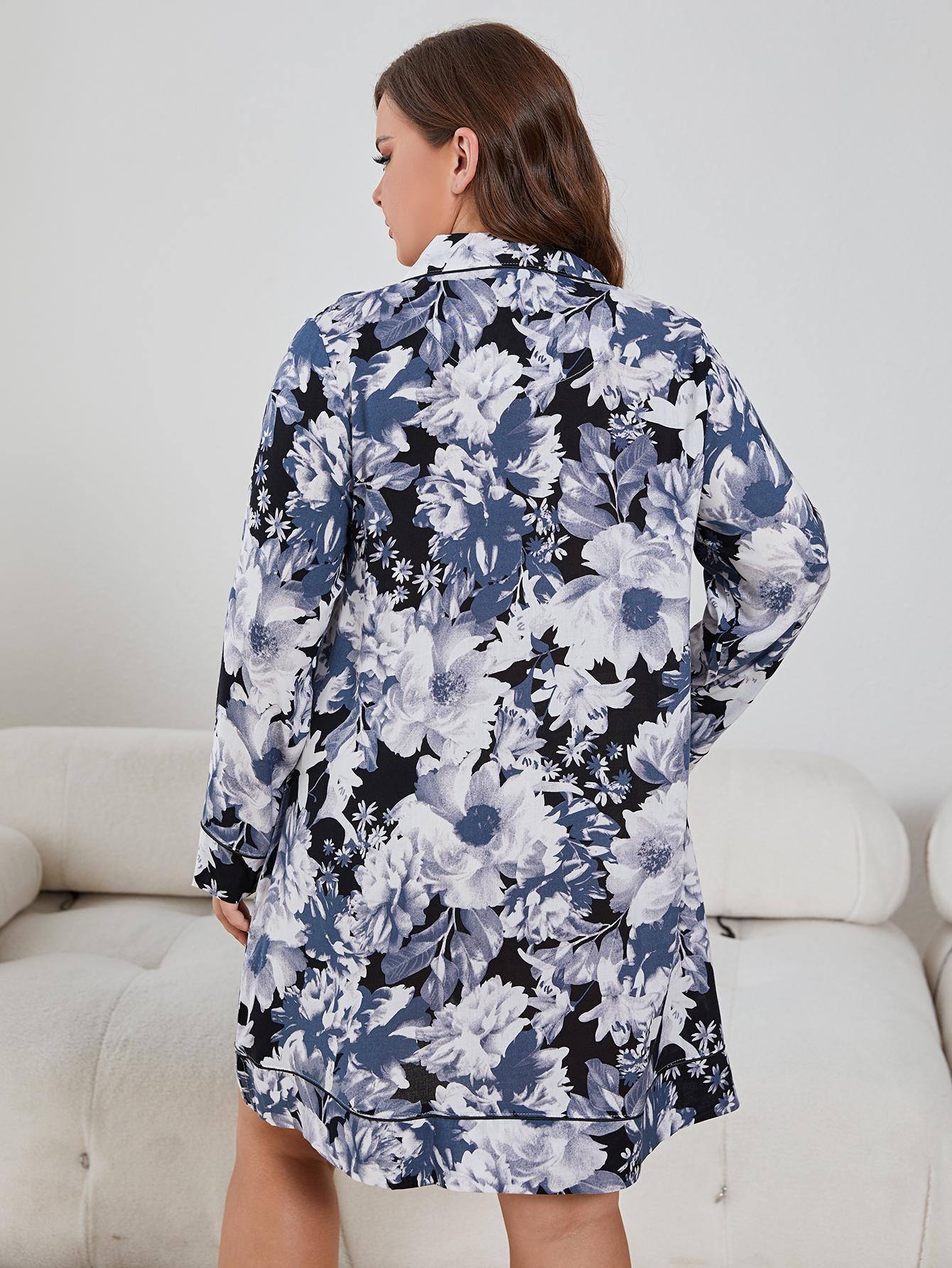 Women's Plus Size Floral Lapel Night Dress