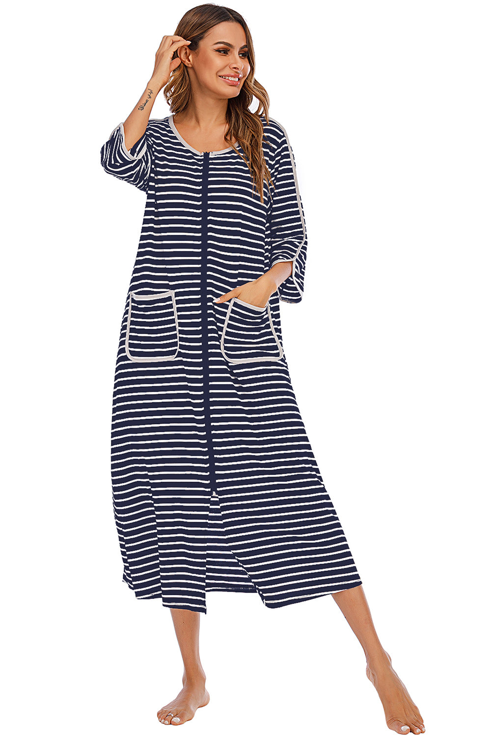 Women's Midi Dress – Round Neck Three-Quarter Sleeve