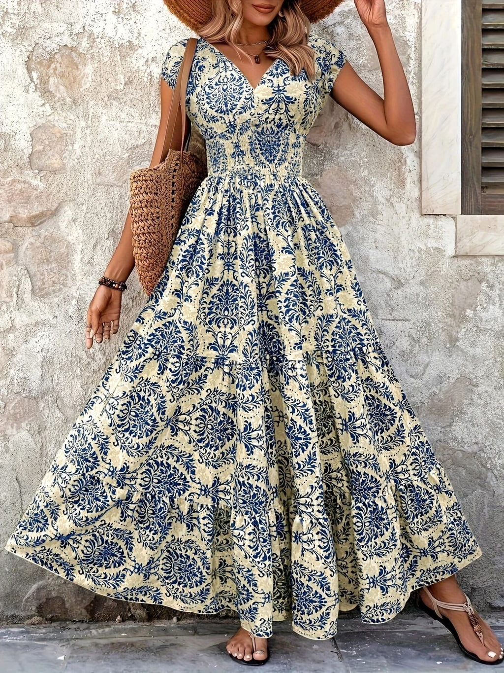 Printed Cap Sleeve Maxi Dress Trendsi