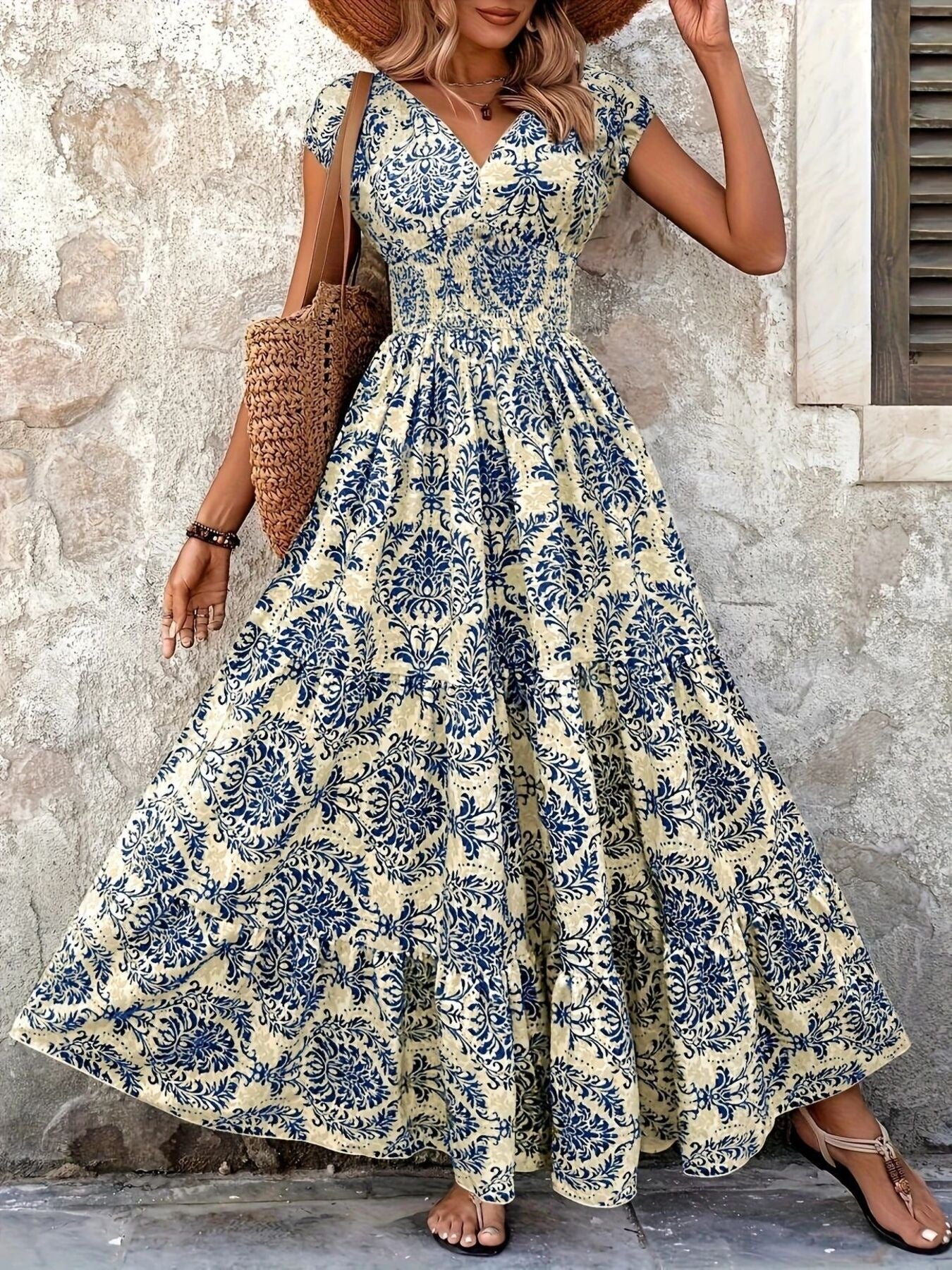 Printed Cap Sleeve Maxi Dress Trendsi