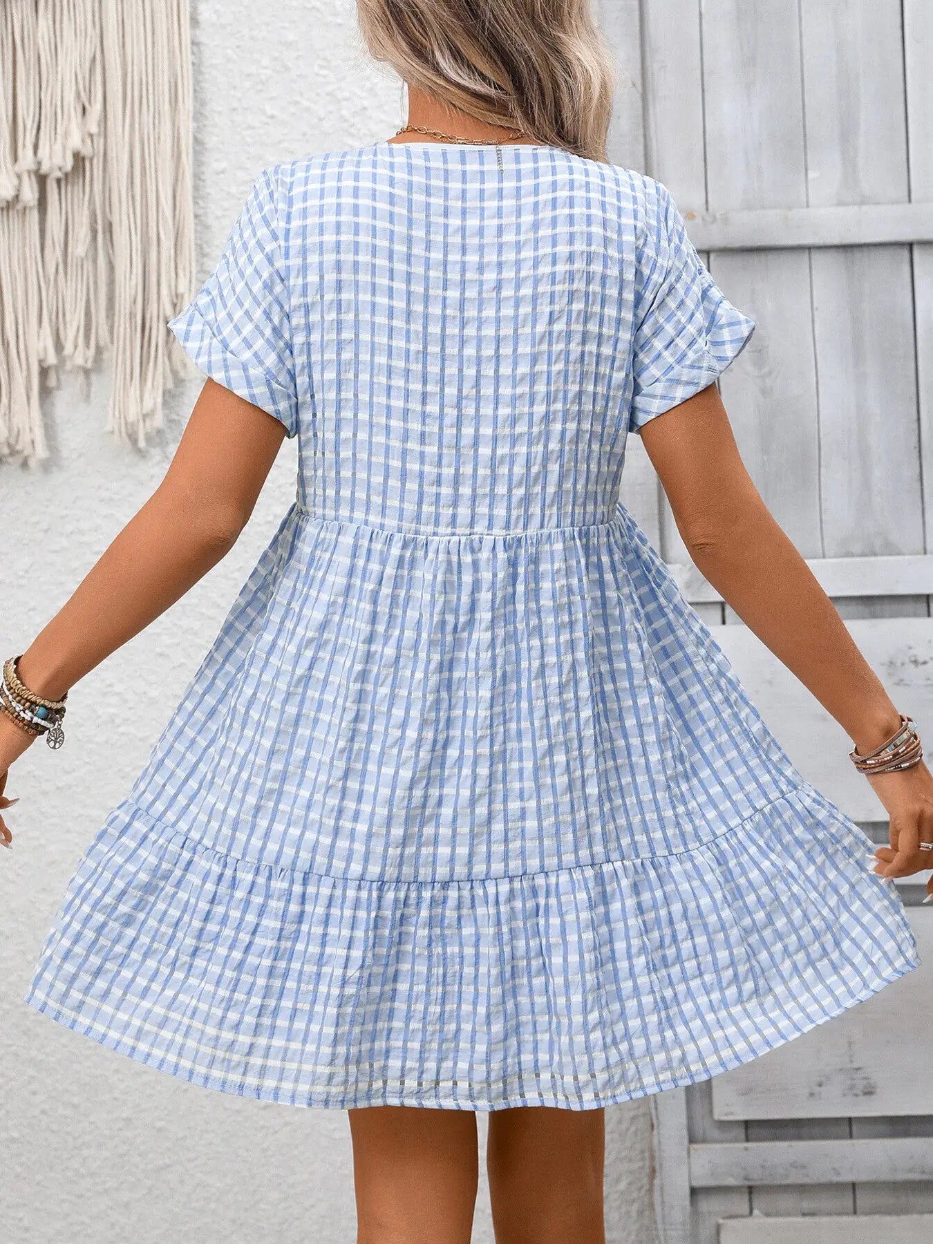 Plaid V-Neck Ruffle Hem Mini Dress Trendsi
