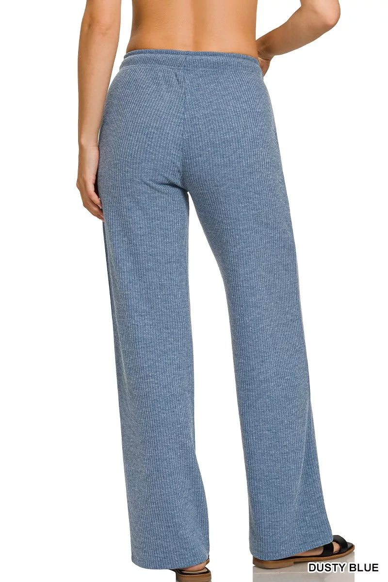 Women's Lounge Pants – Ribbed Drawstring Wide Leg