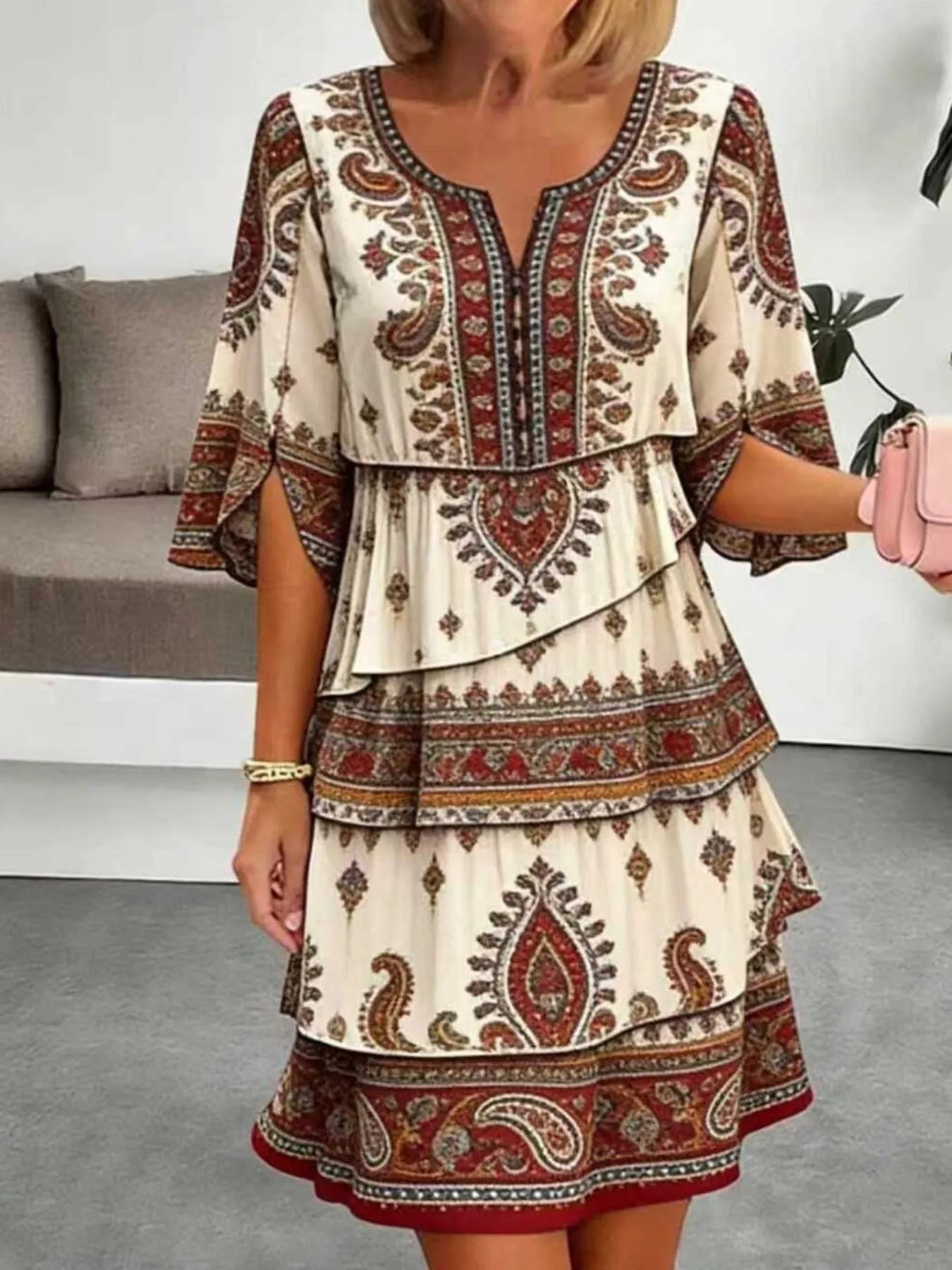 Women's Printed Dress with Ruffled Half Sleeves