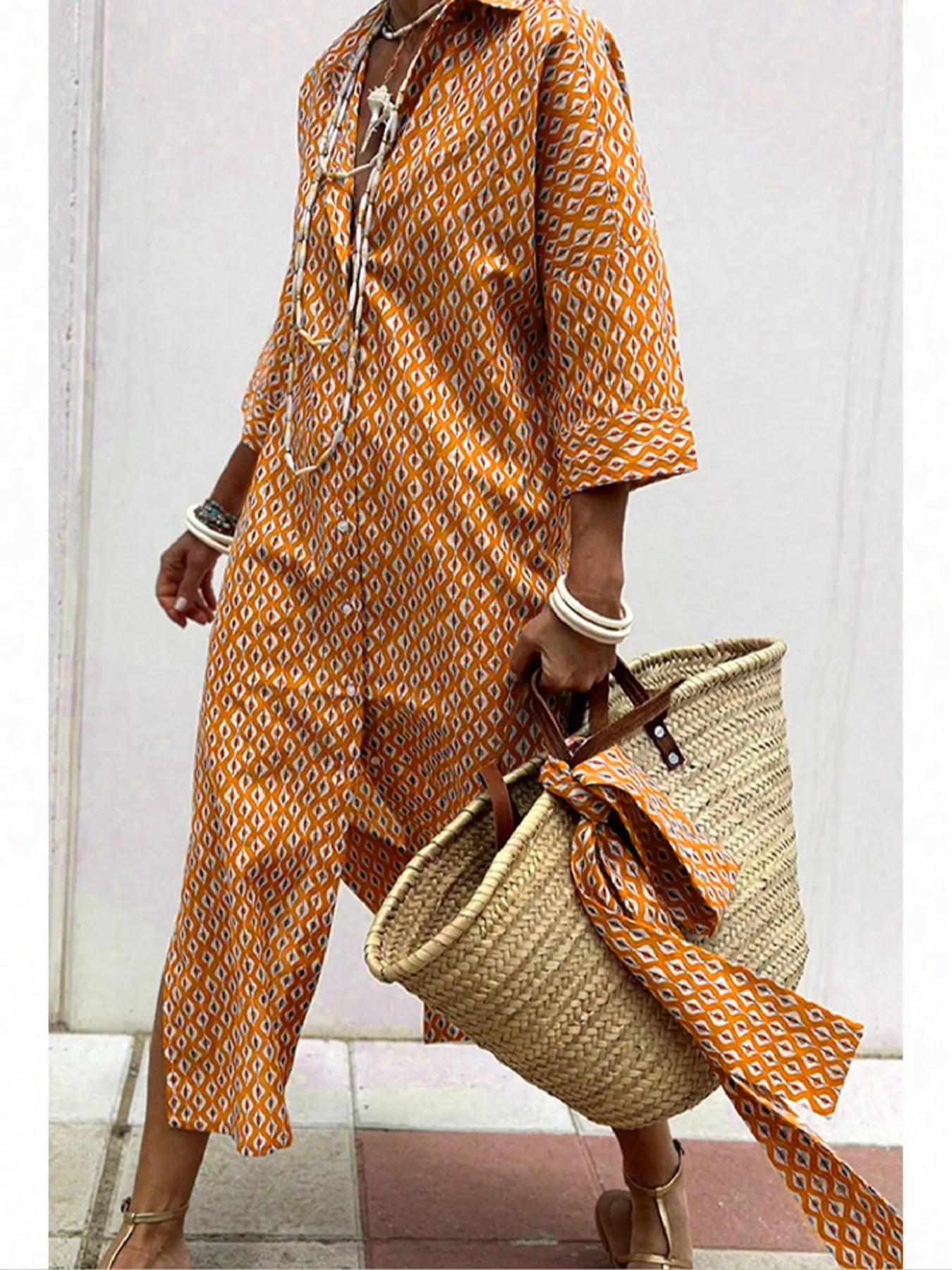 Women's Midi Dress – Printed Button-Down Plus