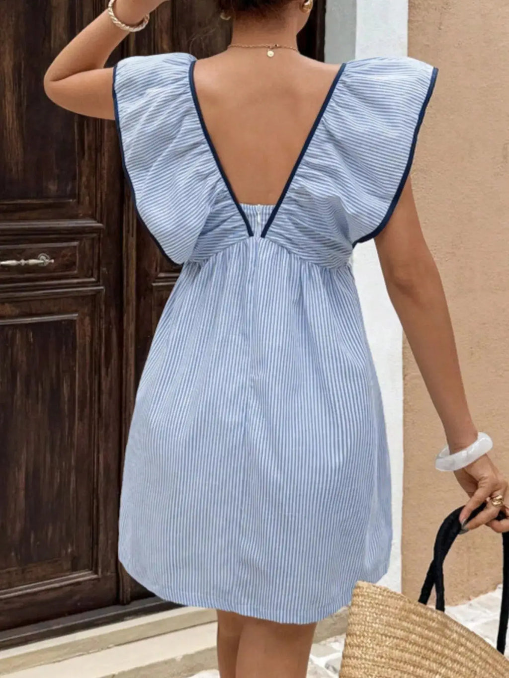 Striped Ruffle Sleeve Mini Dress Trendsi