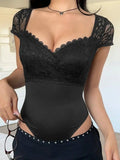 Lace Sweetheart Neck Cap Sleeve Bodysuit by Parfymia