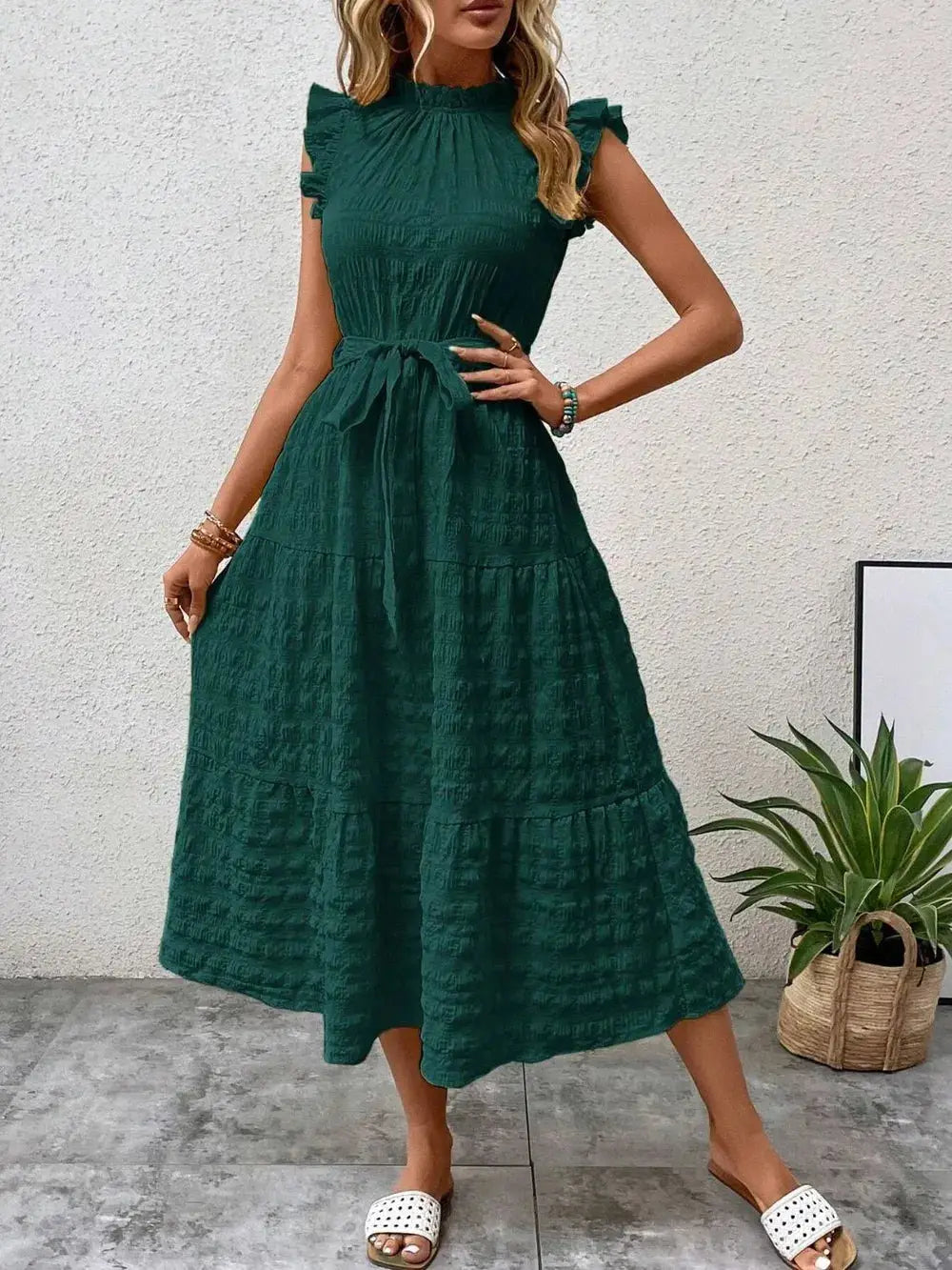 Tied Ruffled Cap Sleeve Midi Dress Trendsi