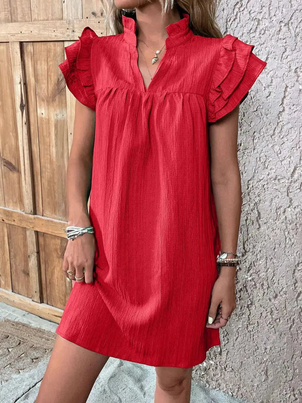 Ruffled Notched Cap Sleeve Mini Dress Trendsi