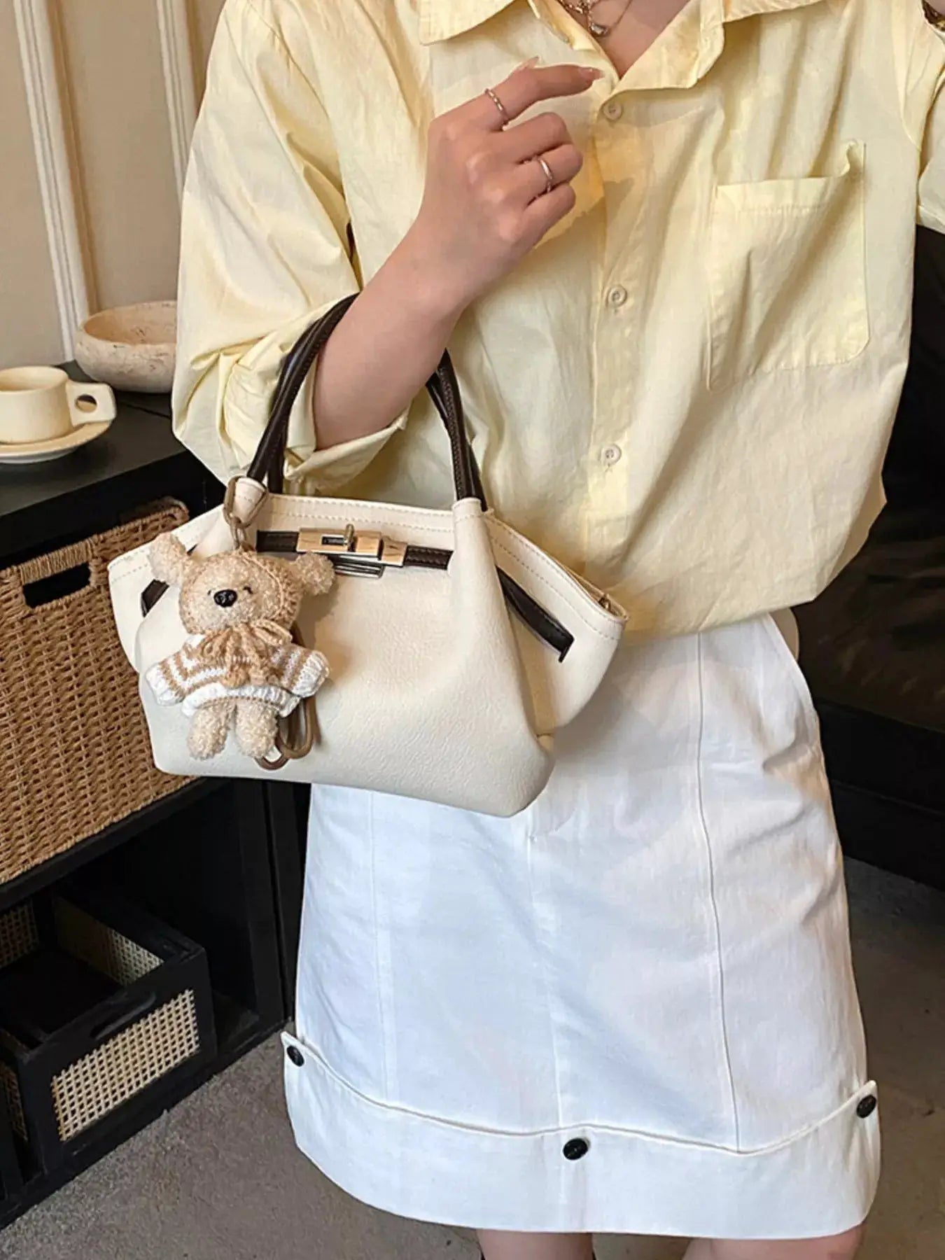 Mini PU Leather Buckle Decor Crossbody Bag With Bear Charm — Parfymia
