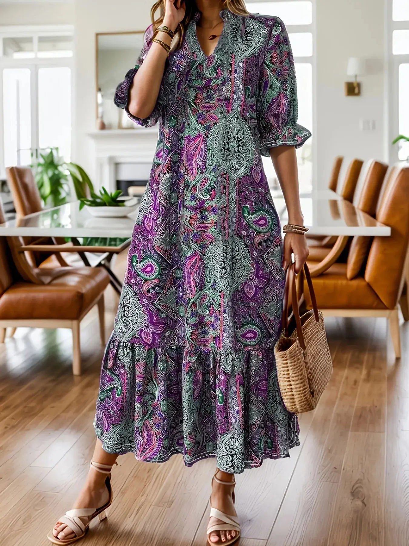 Full Size Bohemian Paisley Print Ruffle Hem Midi Dress Plus Size Trendsi