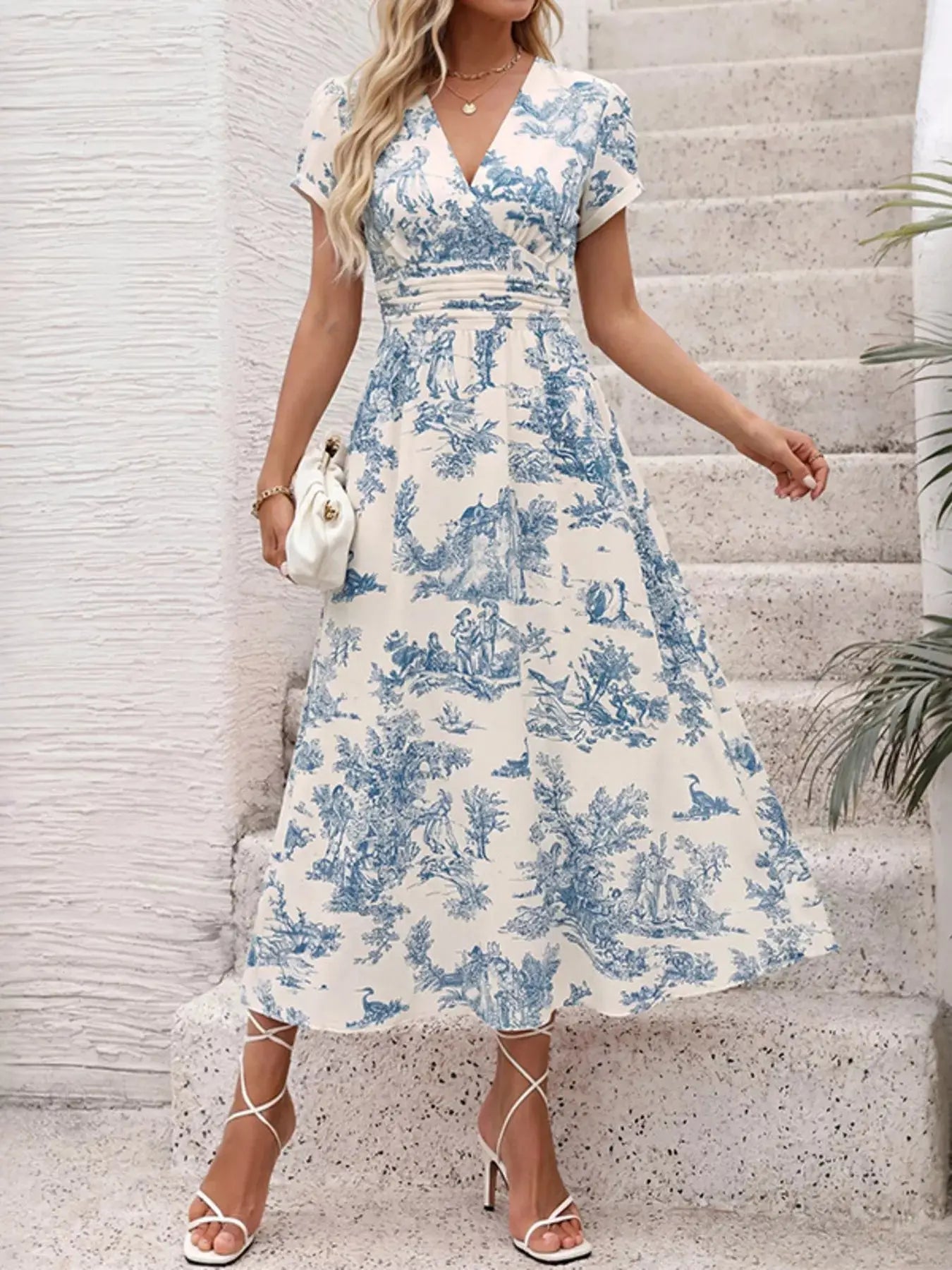 Printed Short Sleeve Midi Dress Trendsi