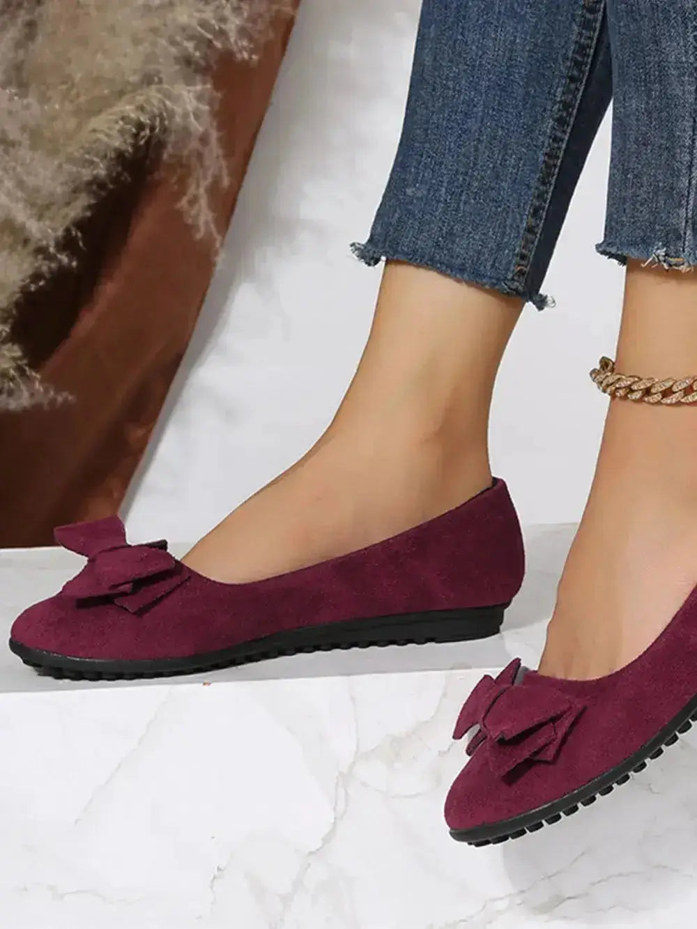 Bow Accent Flat Slip-Ons in Solid Color by Parfymia