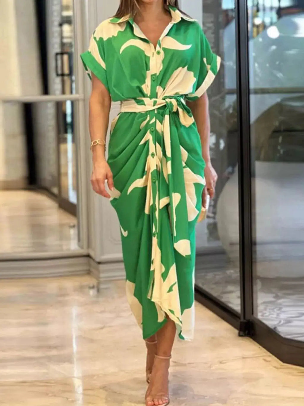 Tie Waist Short Sleeve Shirt Dress Trendsi